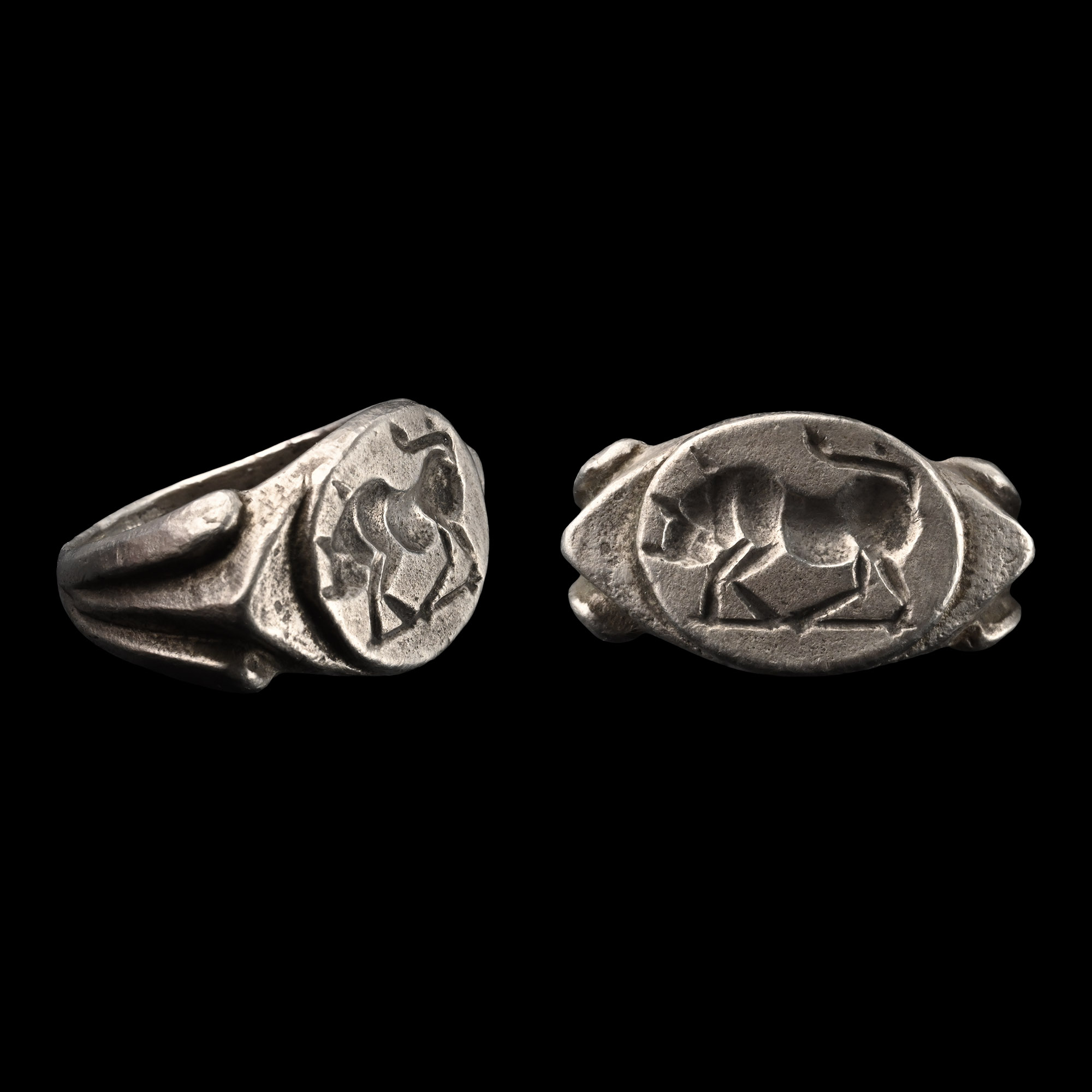 Roman Style Silver Ring with Charging Bull