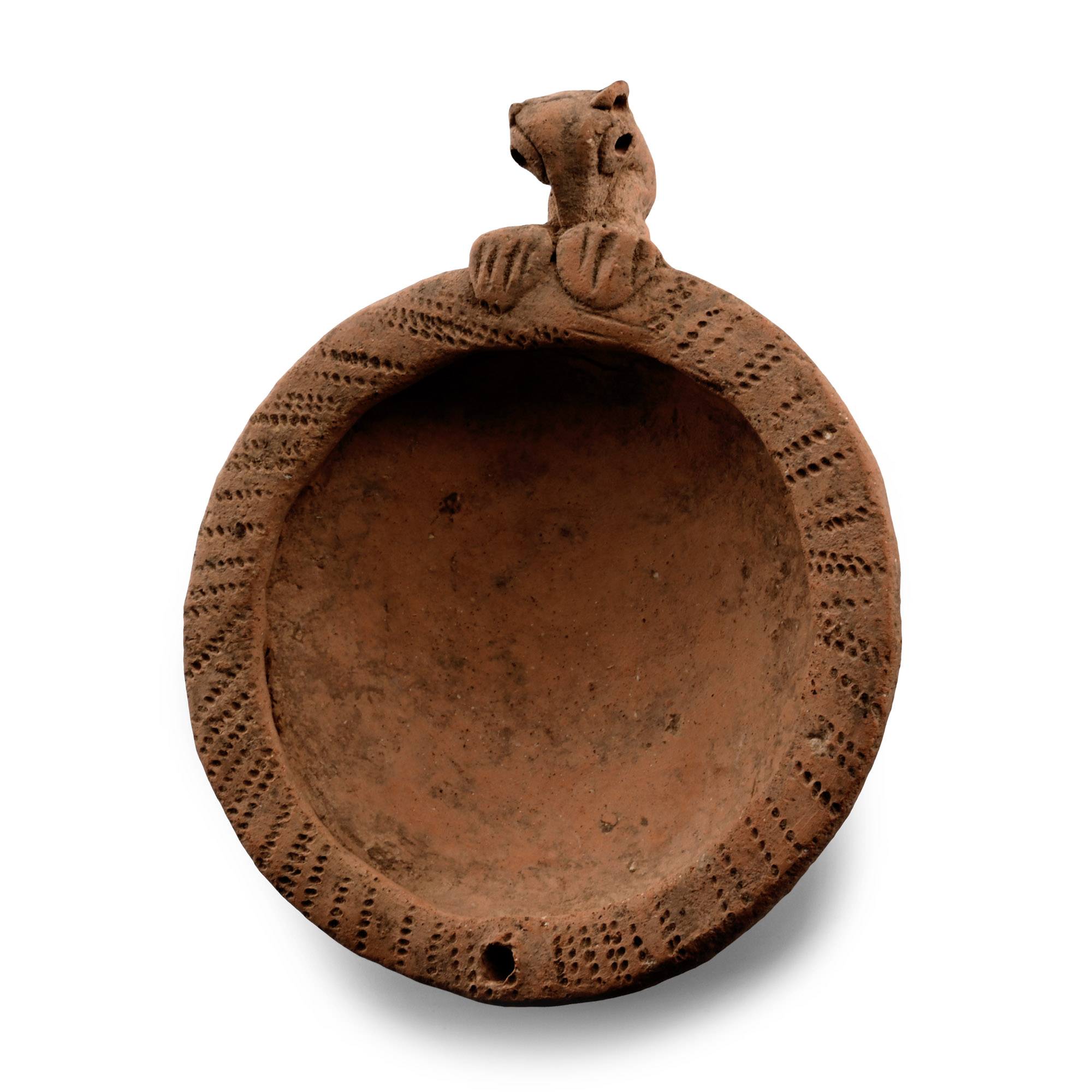 Mesopotamian Terracotta Dish with Animal Figurehead