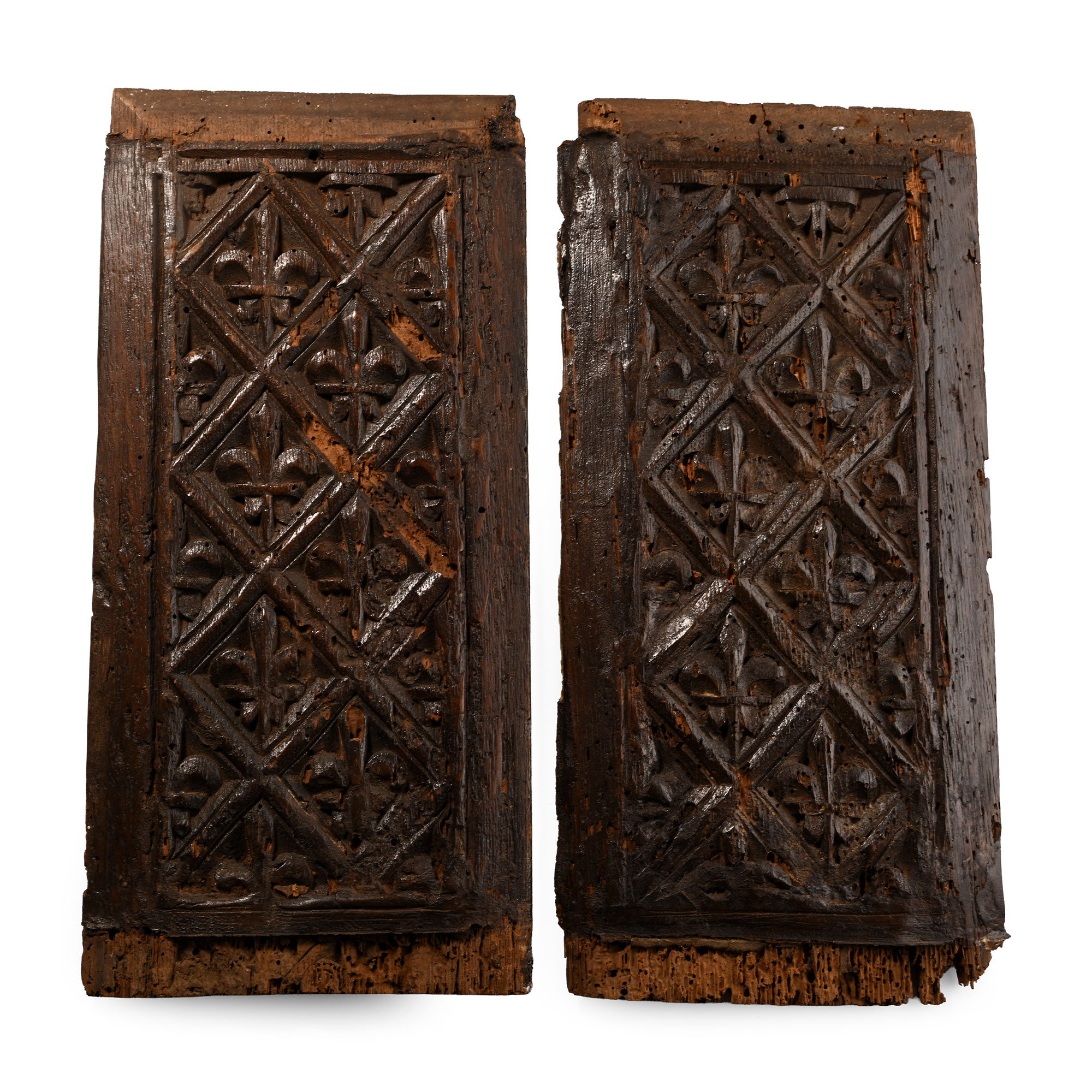 Pair of Carved Wainscot Panels with Fleurs-de-Lys and Geometric Trellis Motifs