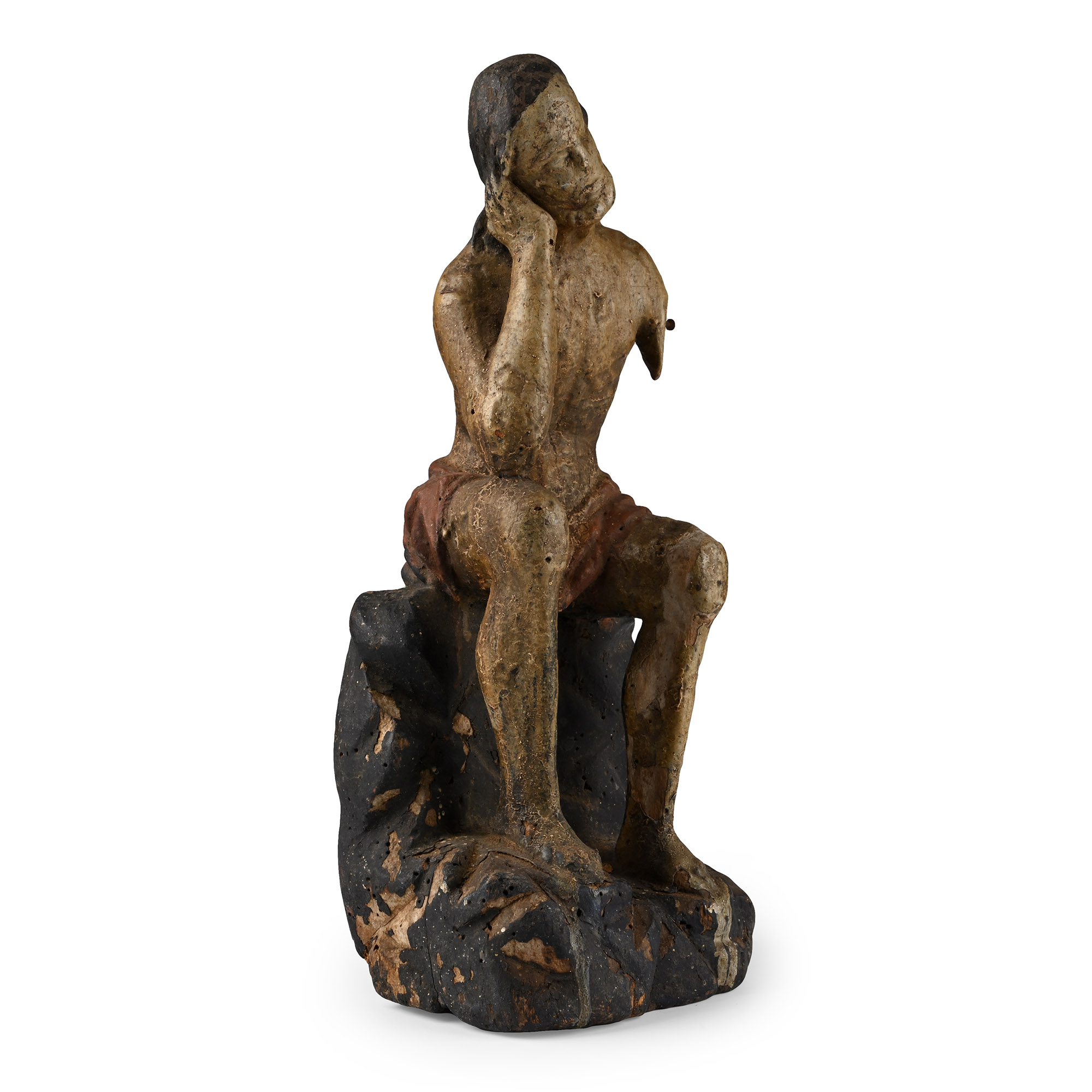 Post Medieval Painted Wooden Statue of Pensive Christ