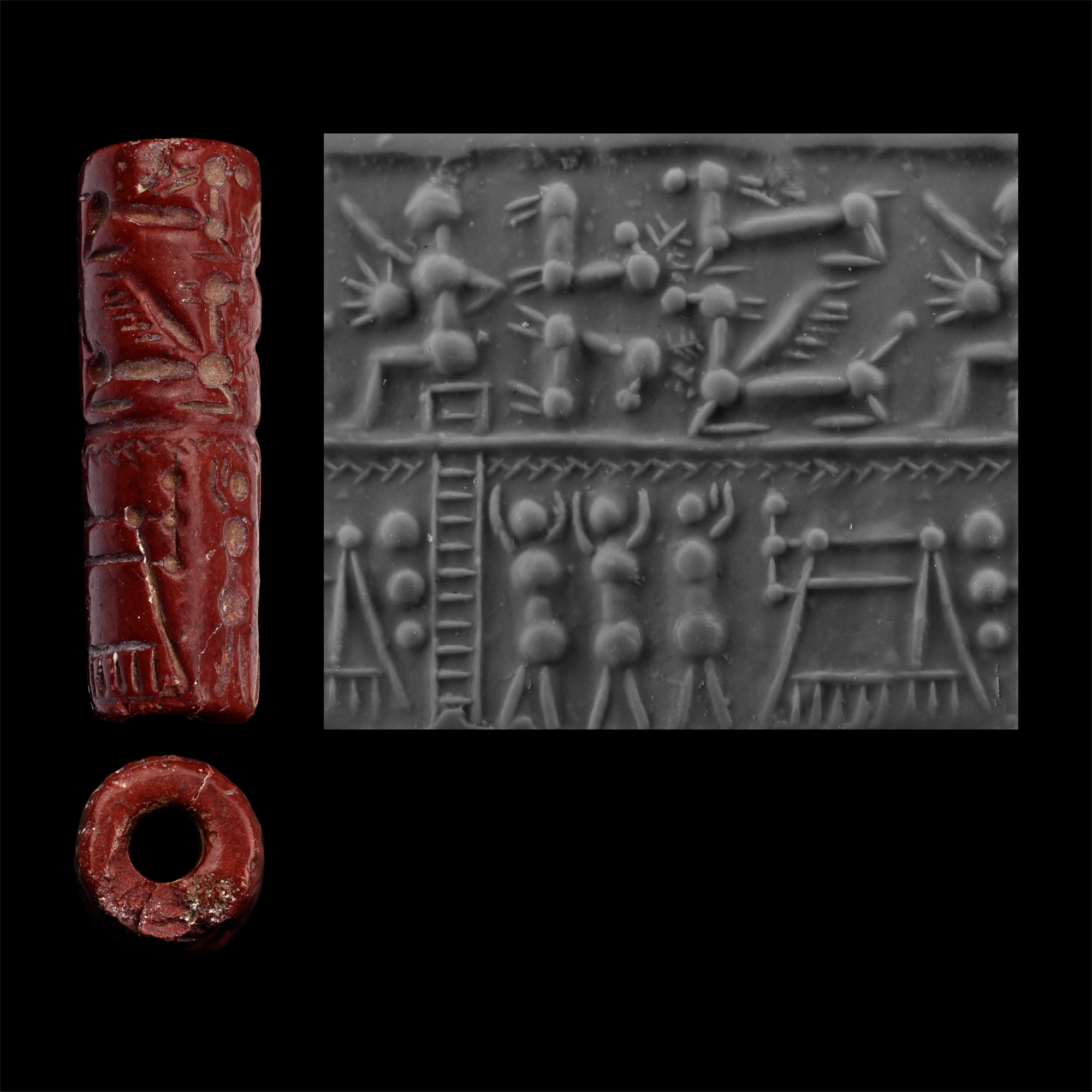 Levantine Style Red Jasper Cylinder Seal with Recumbent Quadrupeds
