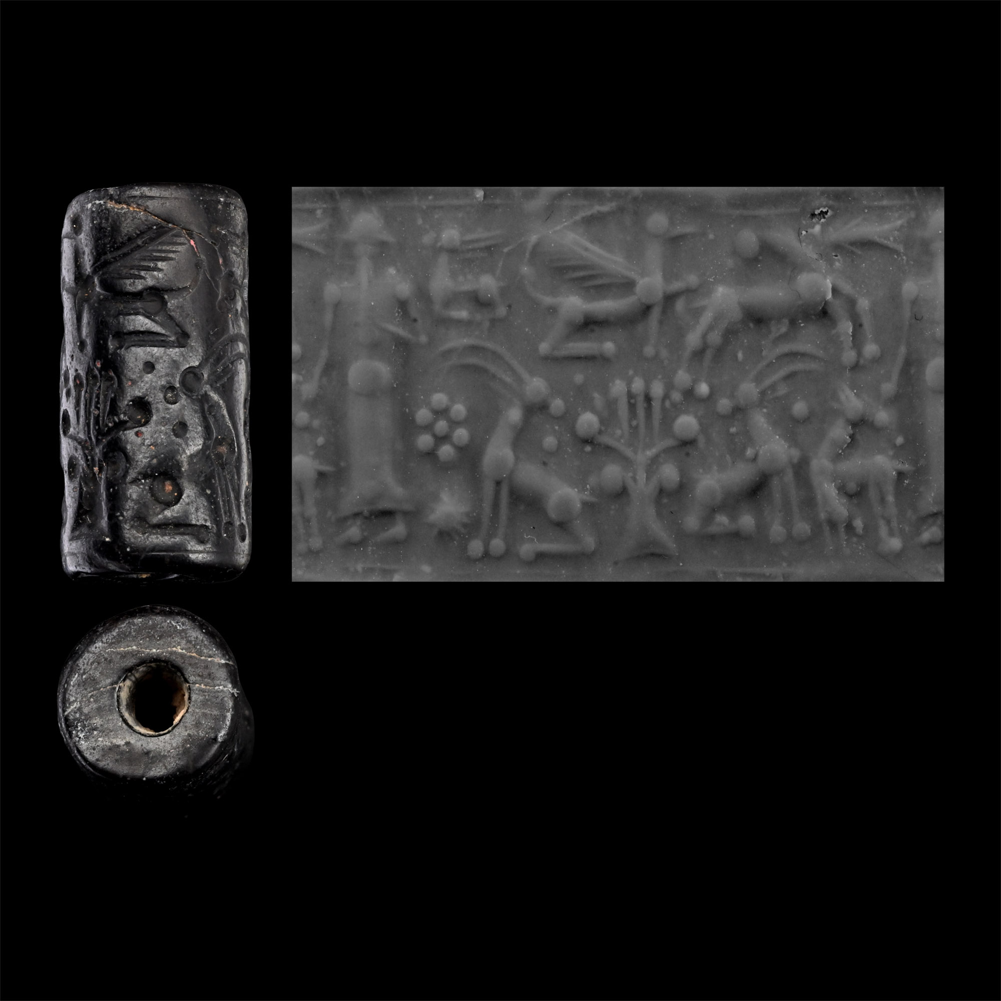 Mitanni Hematite Cylinder Seal with Griffin Attacking Quadruped