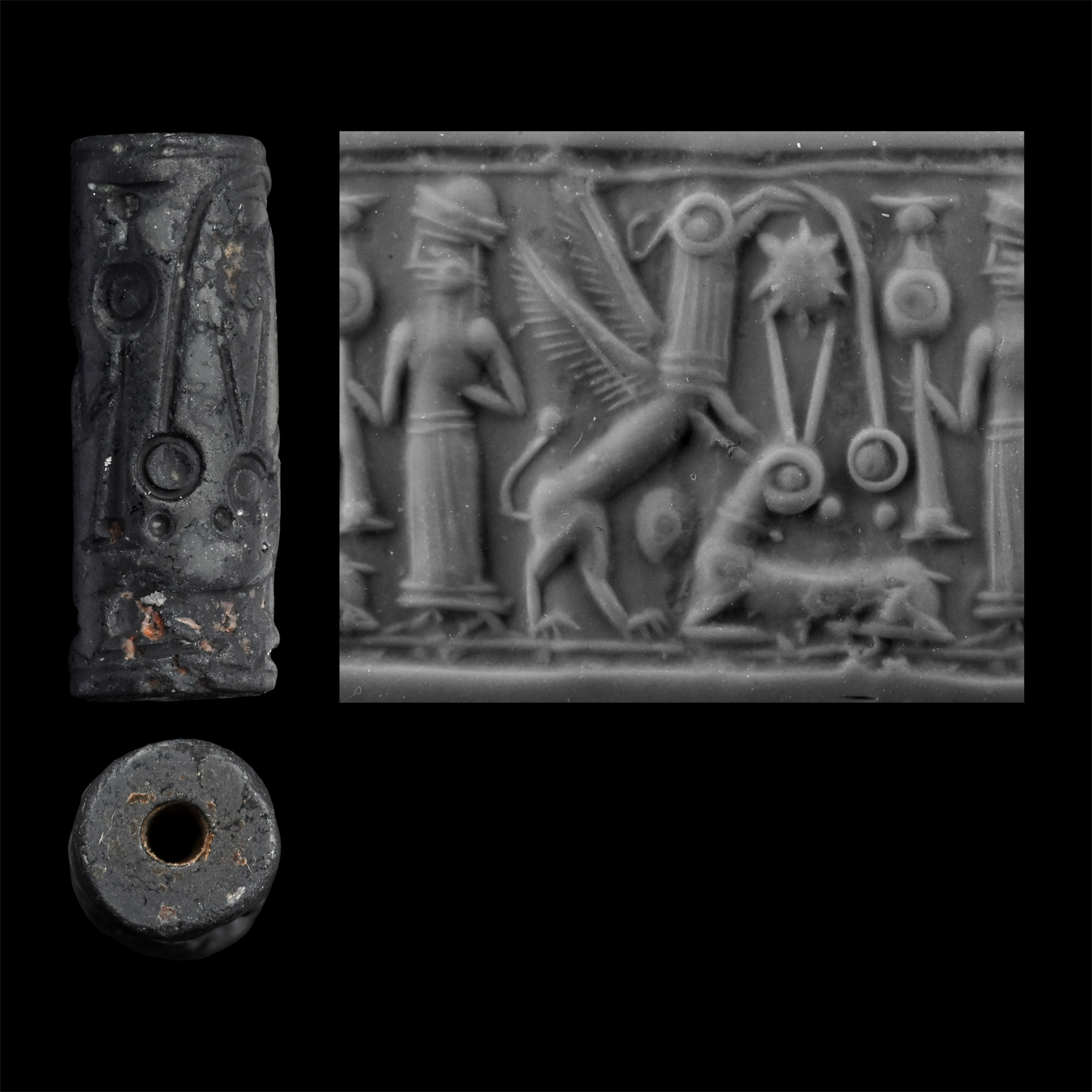 Mitanni Hematite Cylinder Seal with Standing Deity Opposing Sphinx