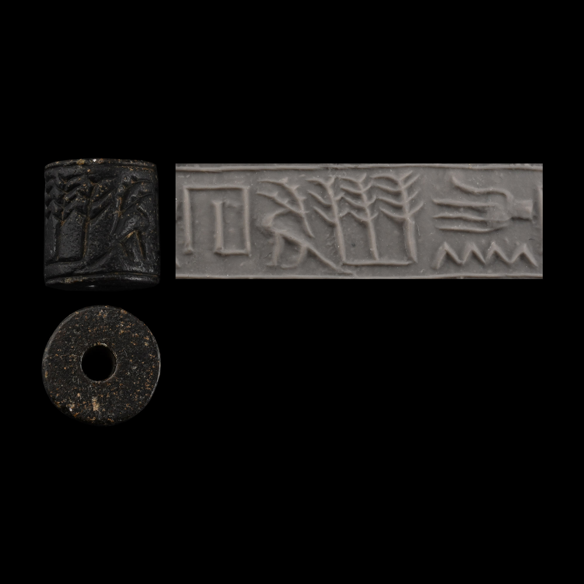 Egyptian Black Stone Cylinder Seal Inscribed with Hieroglyphs for the Name Deneh