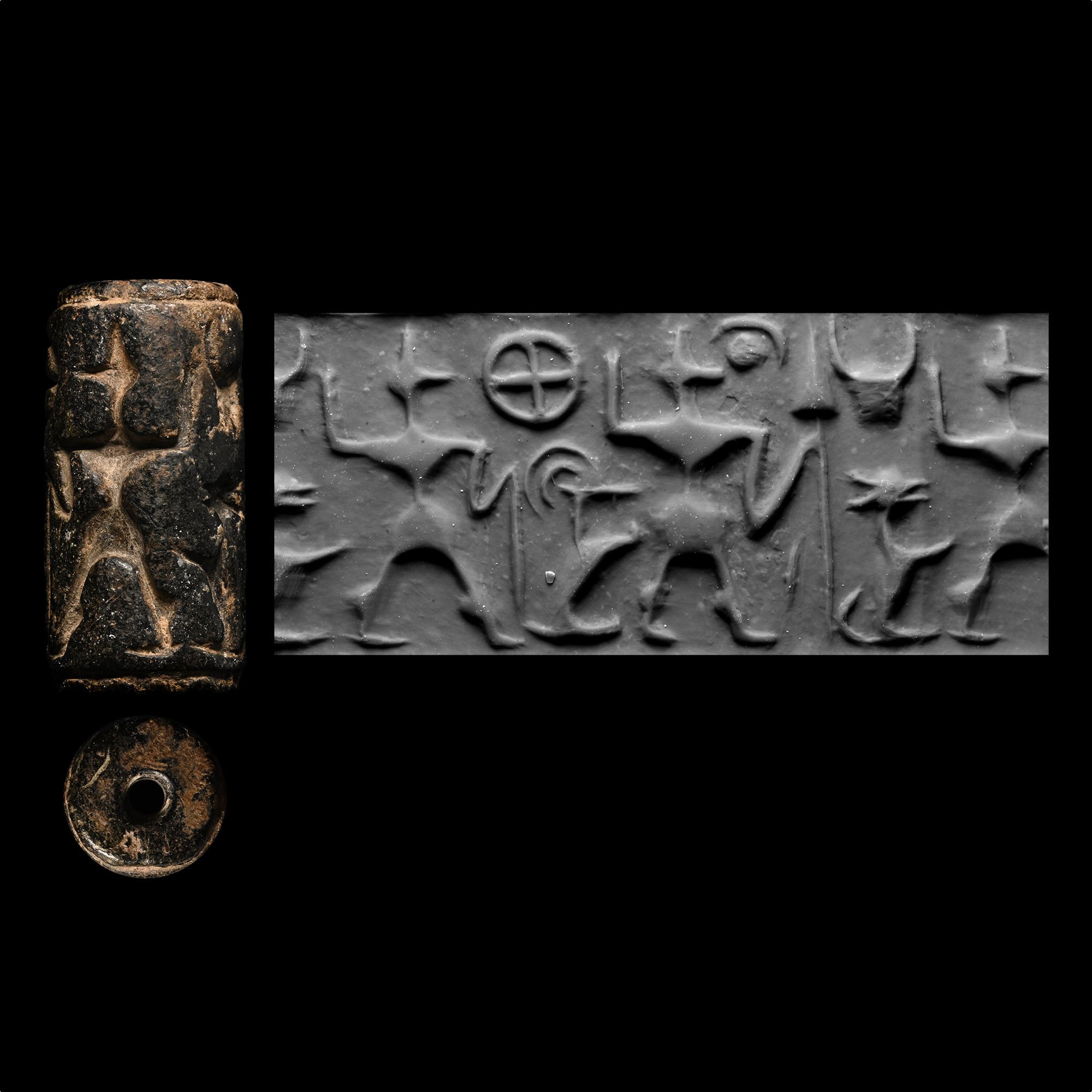 North-Syrian Black Stone Cylinder Seal with Storm God