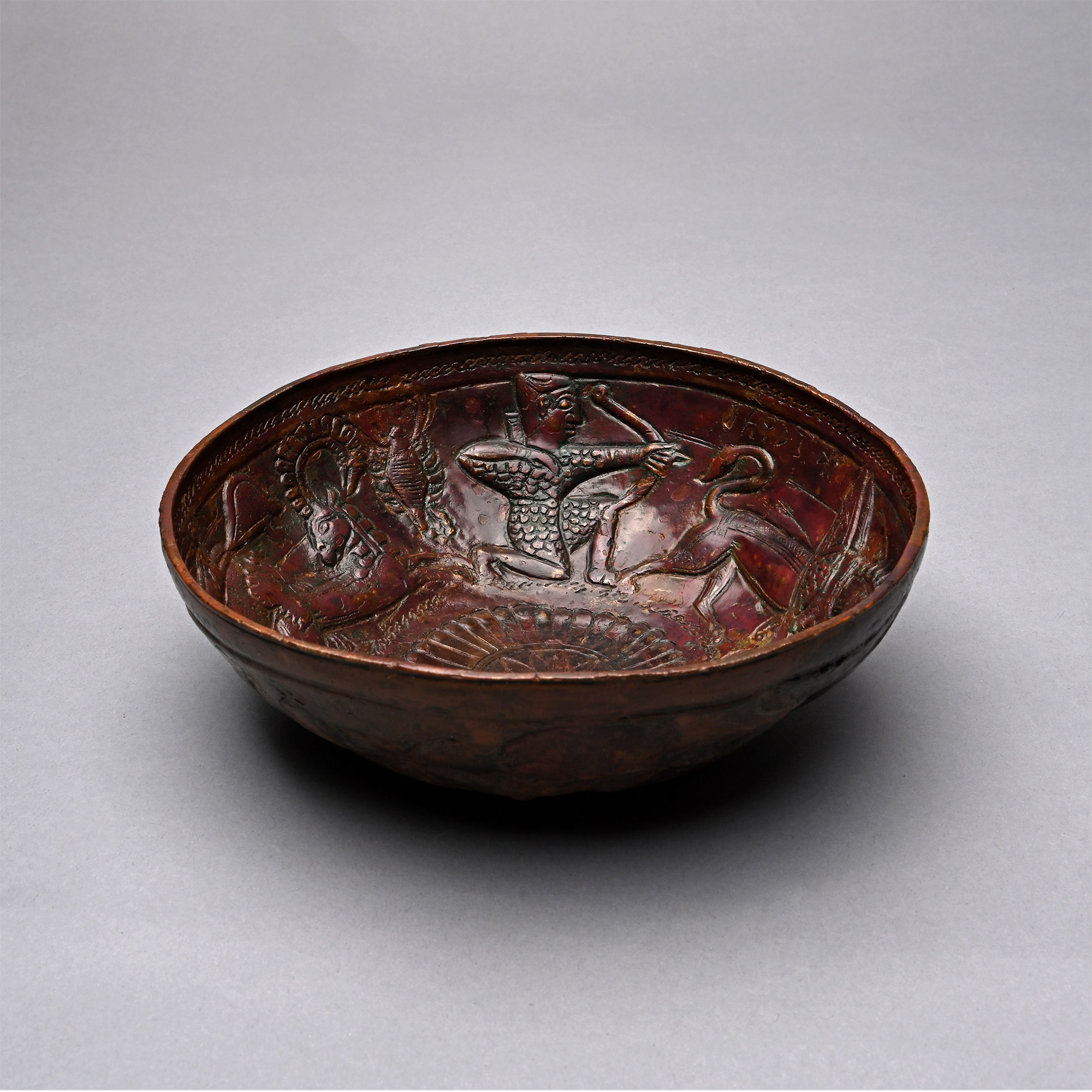 South Arabian Bronze Bowl with Hunting Scene and Inscription