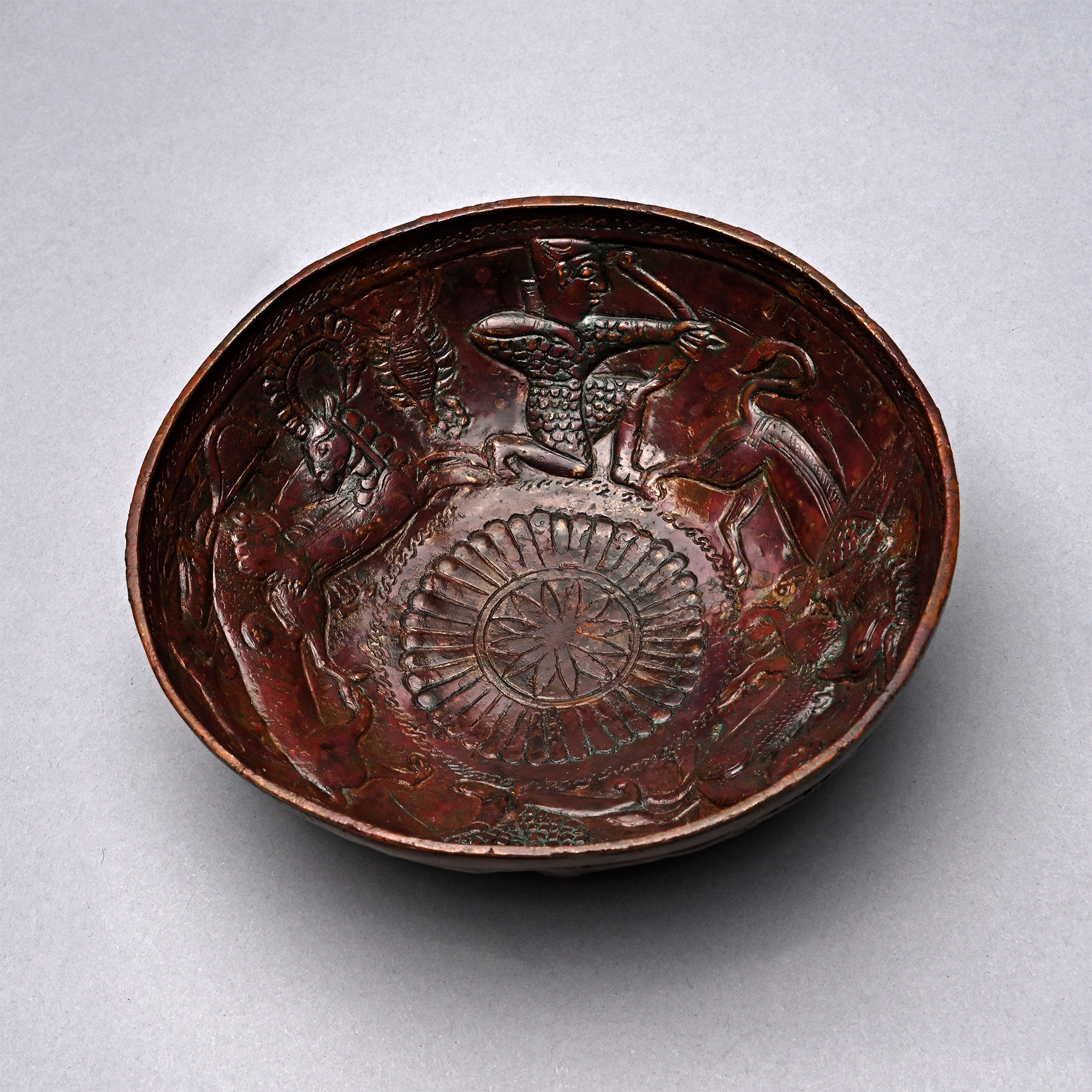 South Arabian Bronze Bowl with Hunting Scene and Inscription