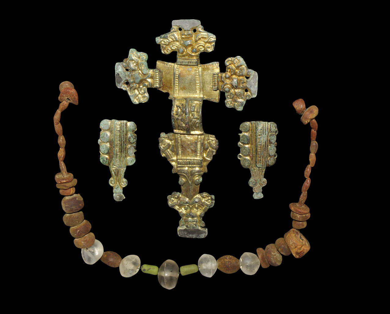 Anglo-Saxon Gilt-Bronze Cruciform Brooch, Beads and Wrist Clasps Group