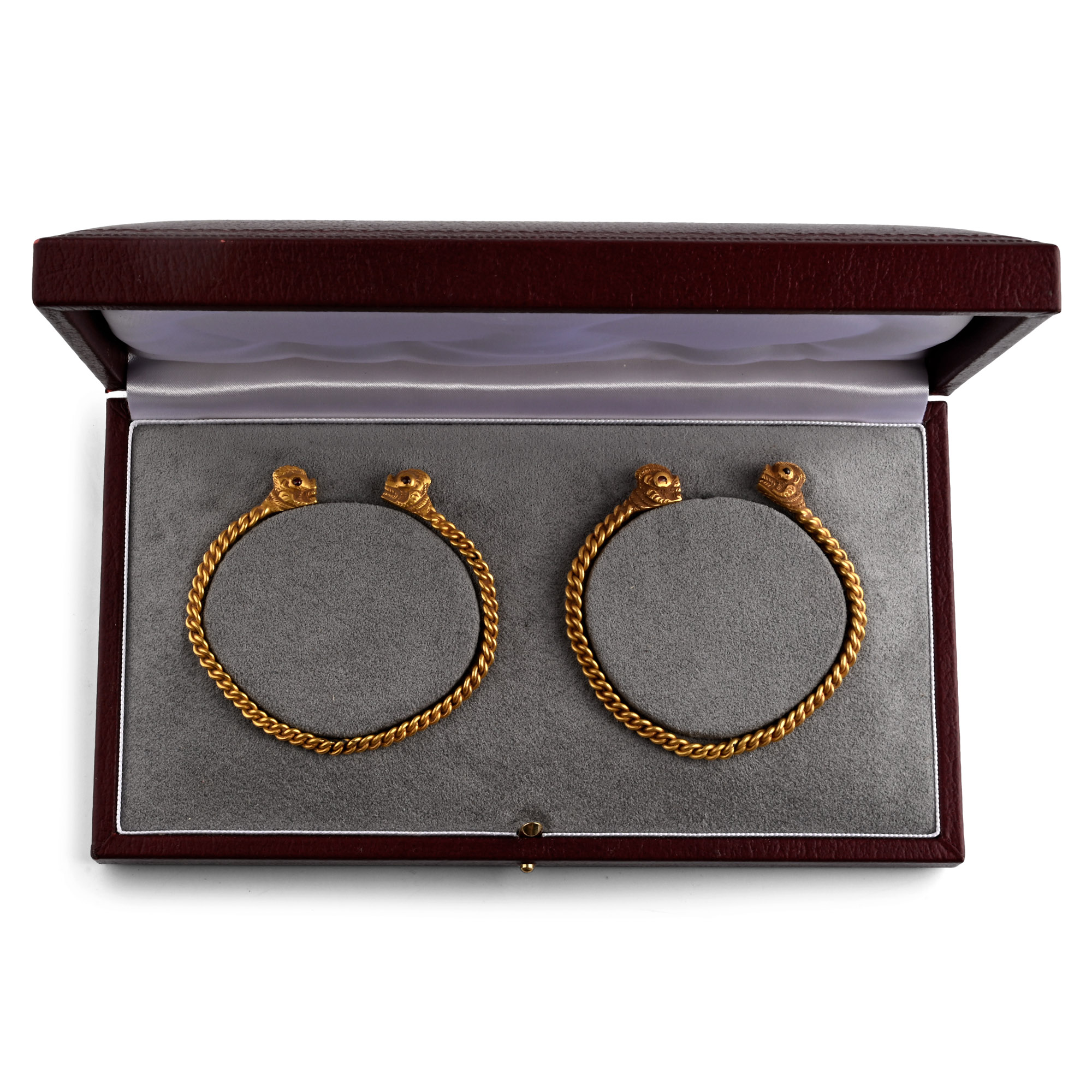 Northern Thai Gold Dragon-Headed Bracelets with Rubies and Sapphires