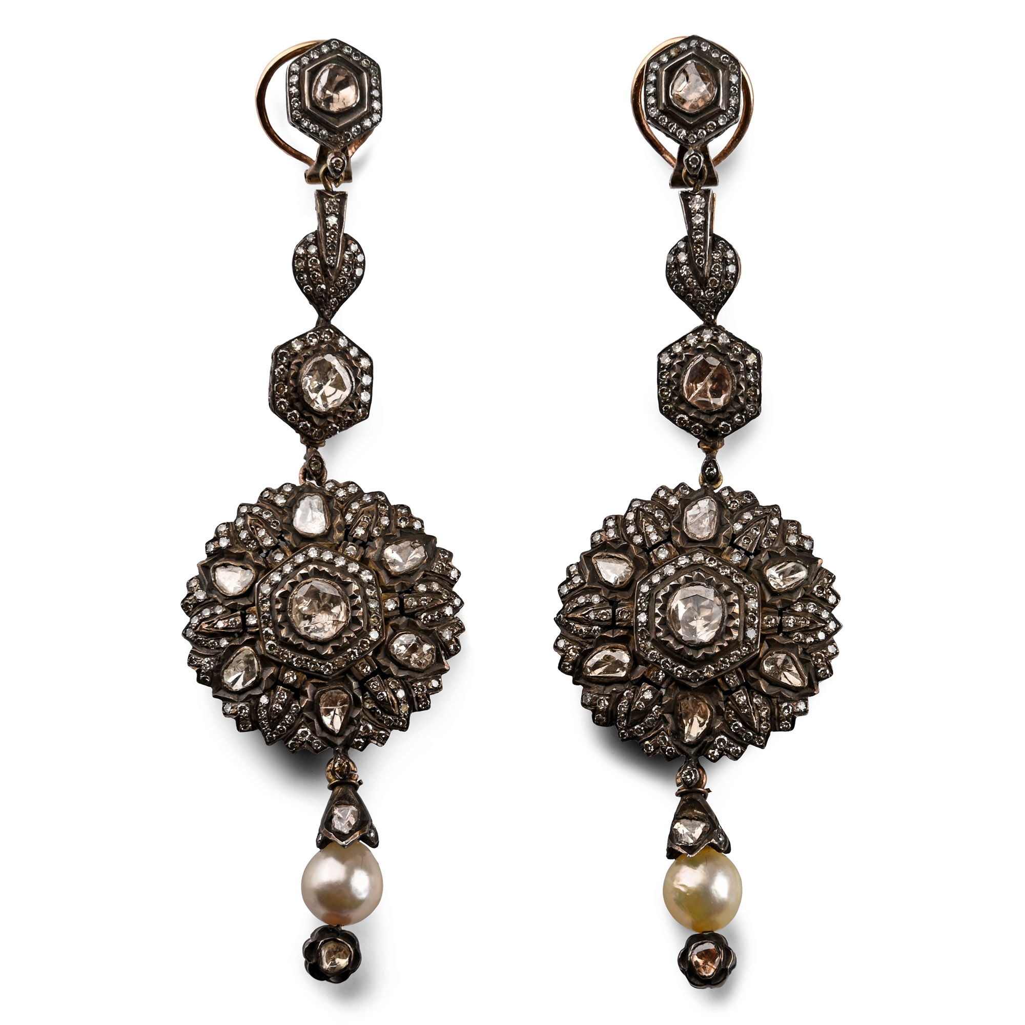 Pair of Elaborate Gold and Silver Earrings Set with Diamonds