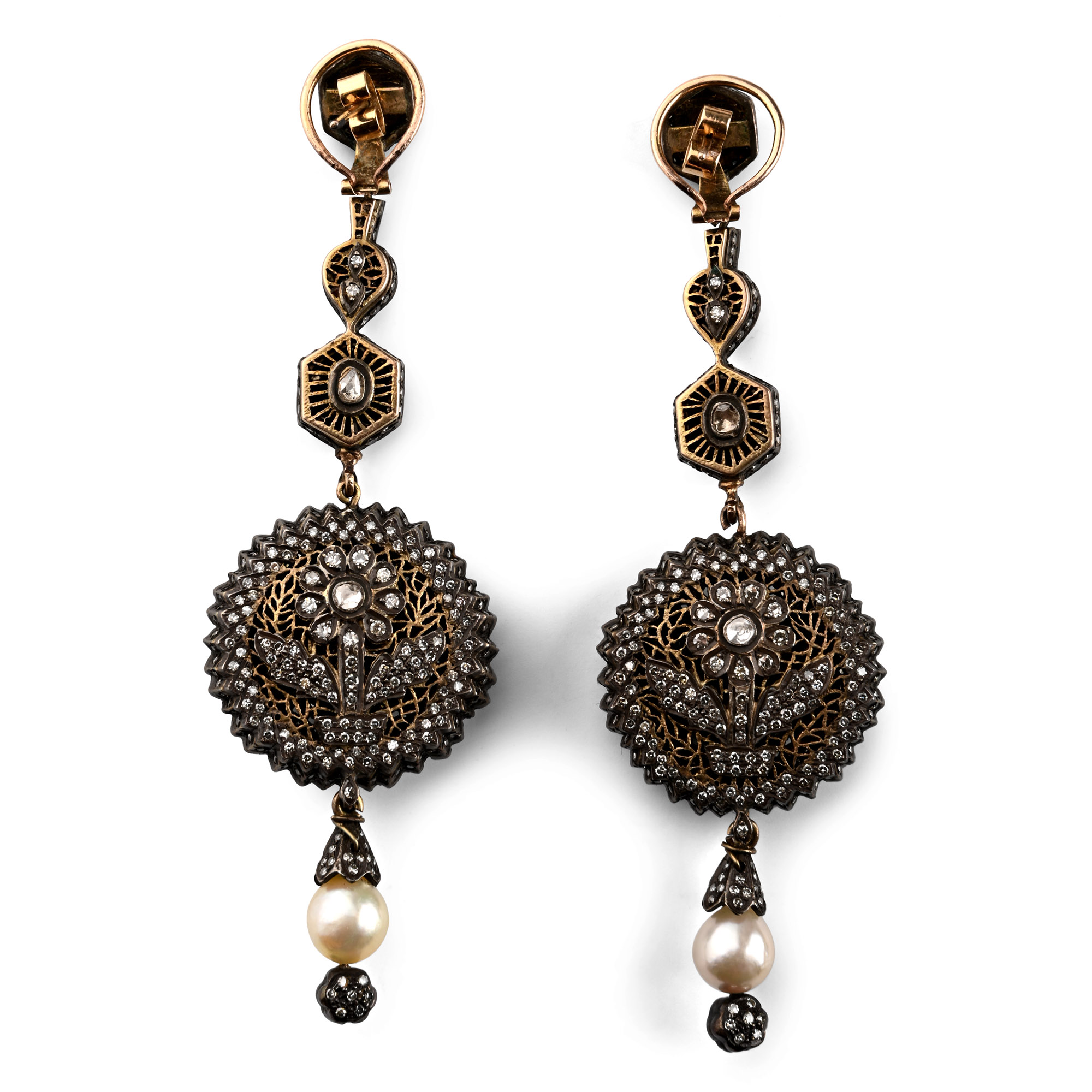 Pair of Elaborate Gold and Silver Earrings Set with Diamonds