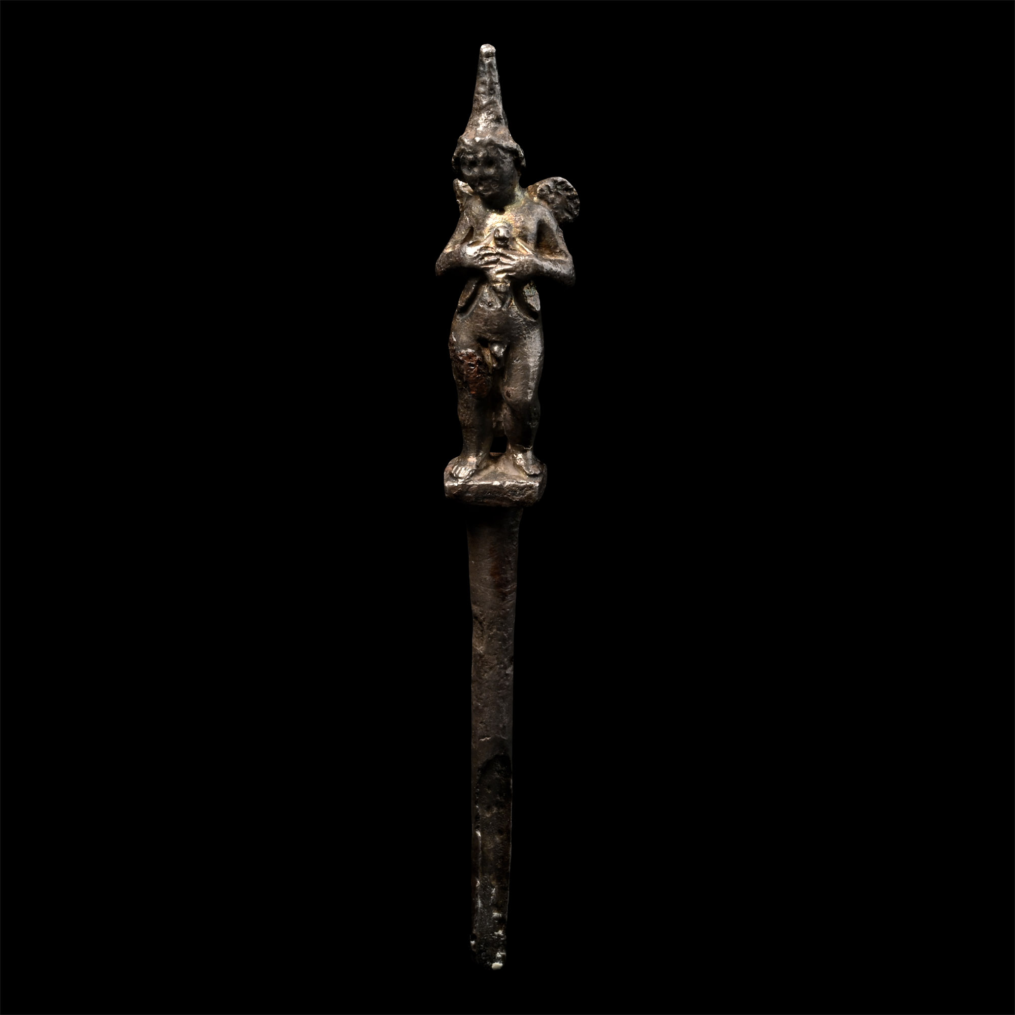 Roman Silver-Gilt Pin with Nude Cupid Holding Bee