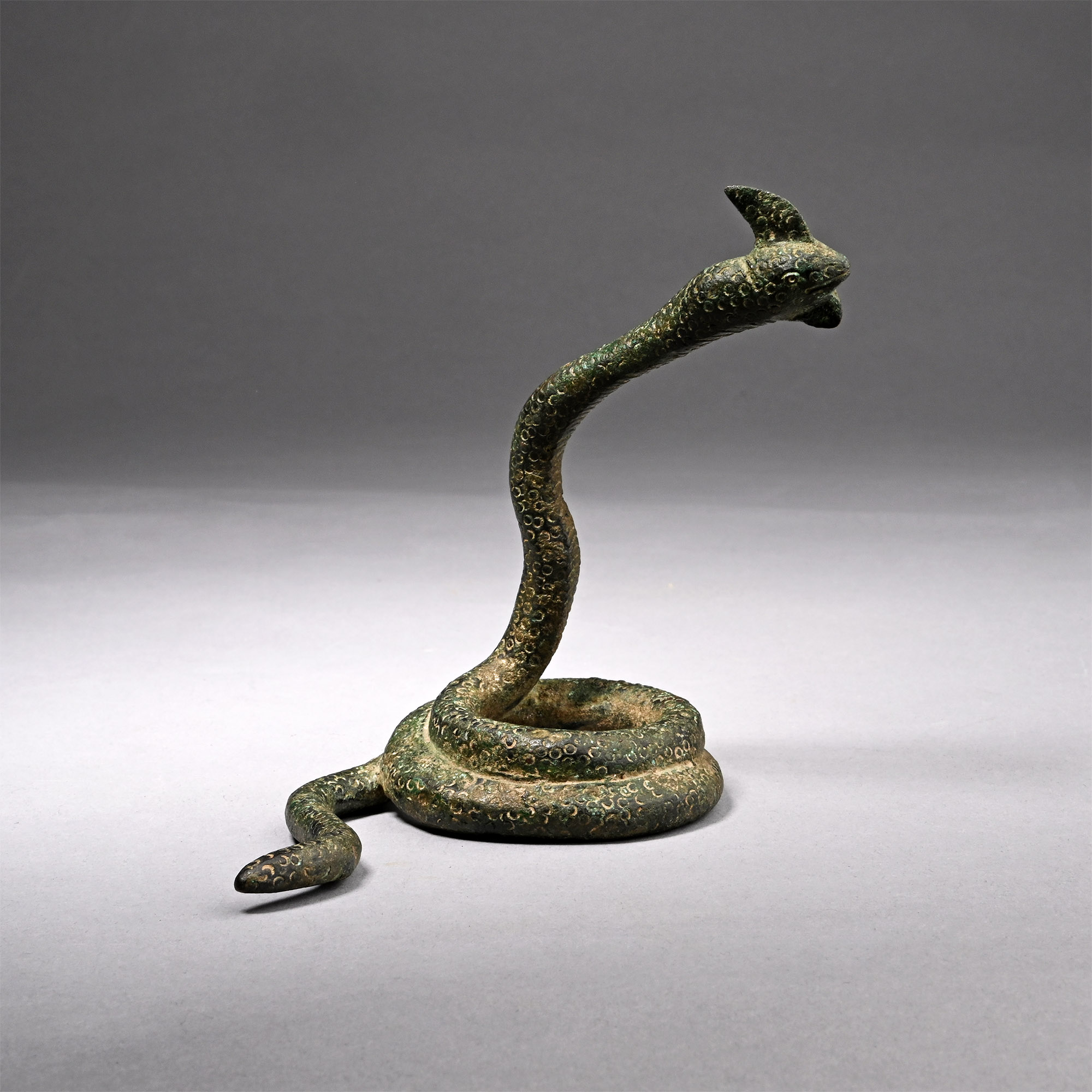 Greek Bronze Statuette of a Coiled Rearing Snake