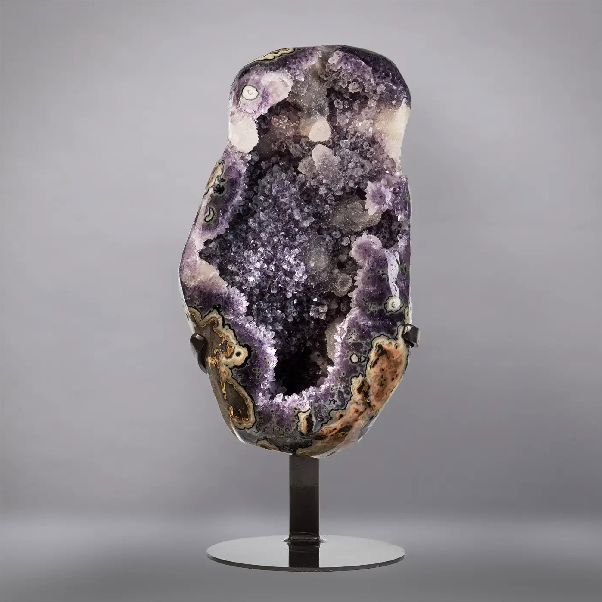 Agatised Amethyst Crystal Geode Section with Polished Exterior
