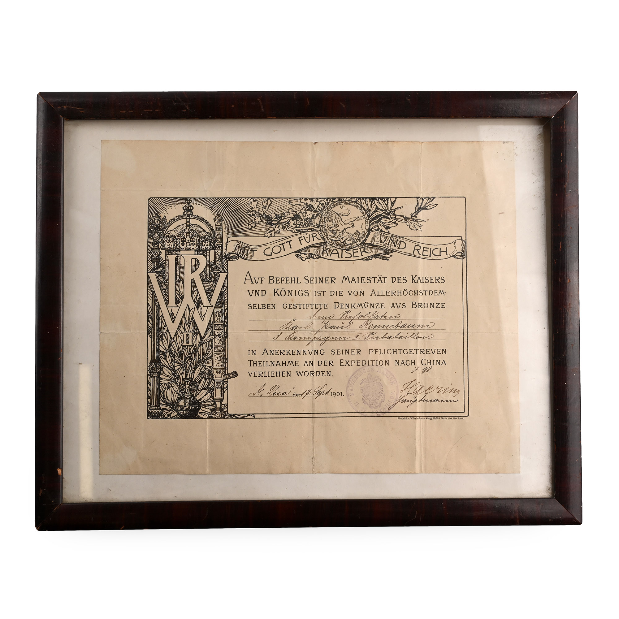 Framed German Expedition to China Medal Certificate