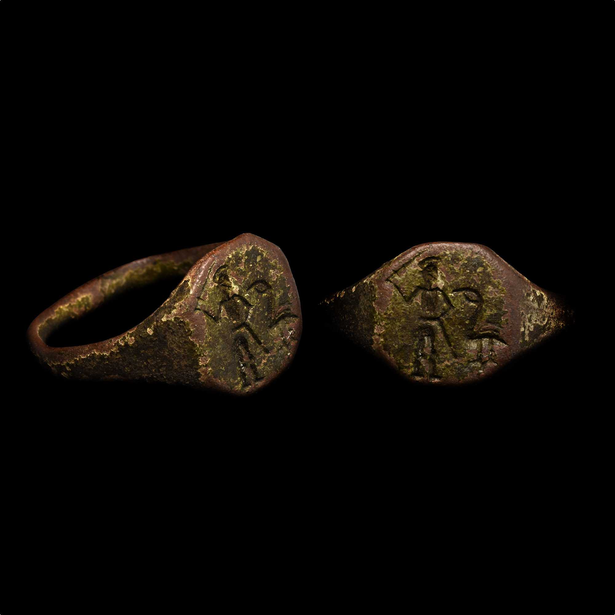Roman Bronze Ring with Gladiator and Bird