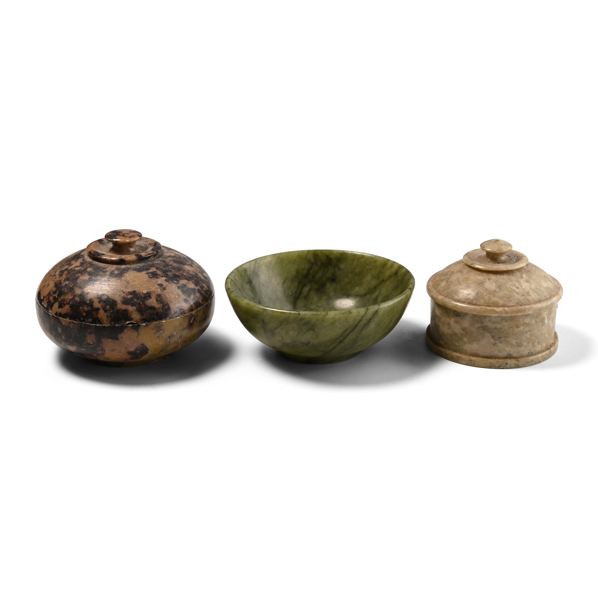 Chinese Carved Soapstone Miniature Bowl and Lidded Vessel Group
