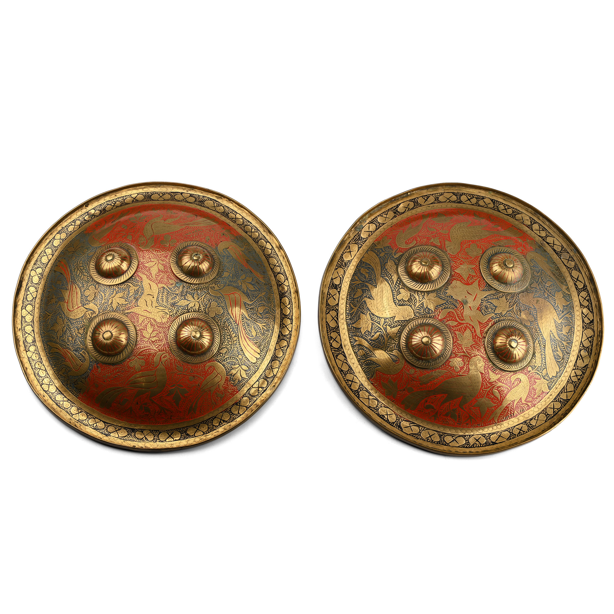 Indo-Persian Enamelled Brass Shield Pair