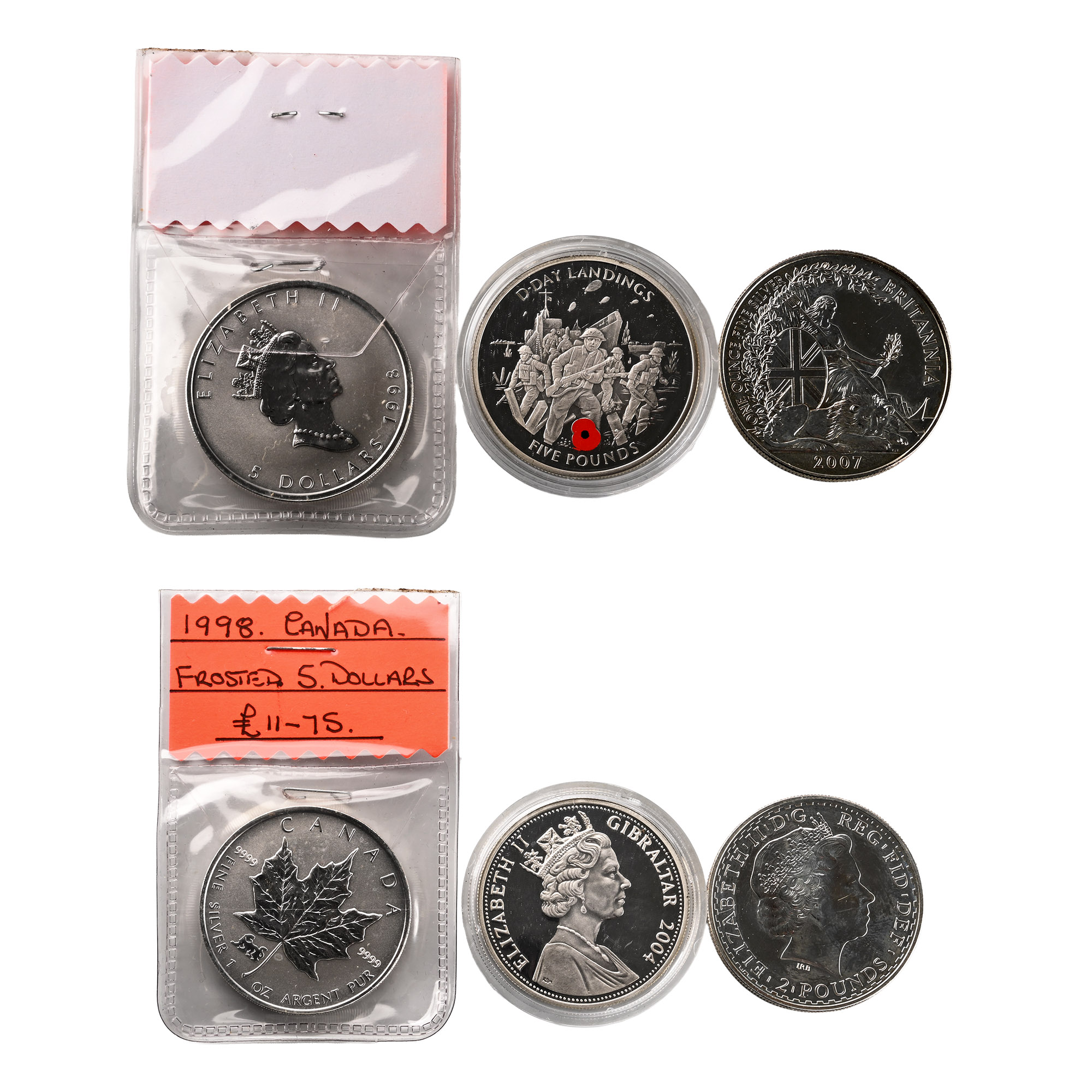 Commonwealth. Group of Three [3] AR Five Pounds and Five Dollar Pieces.