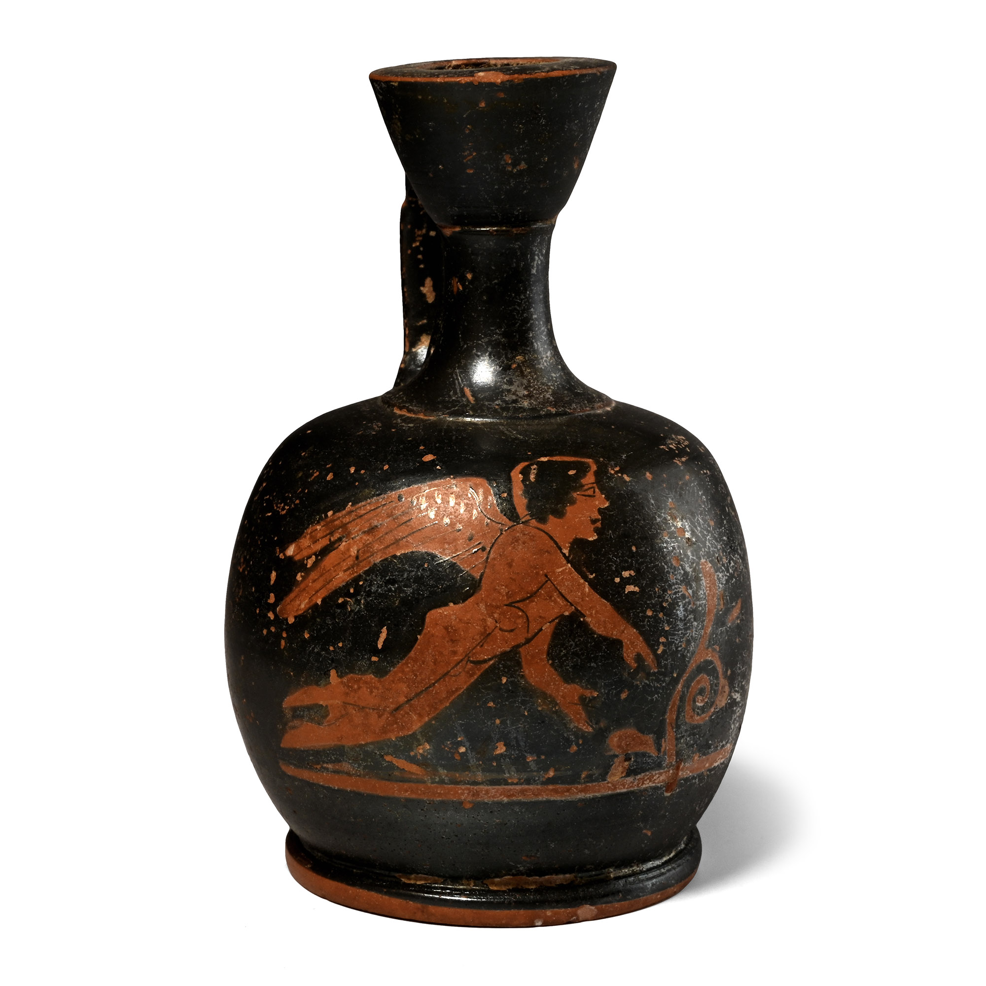 Greek red-figure squat lekythos with a winged Eros in flight
