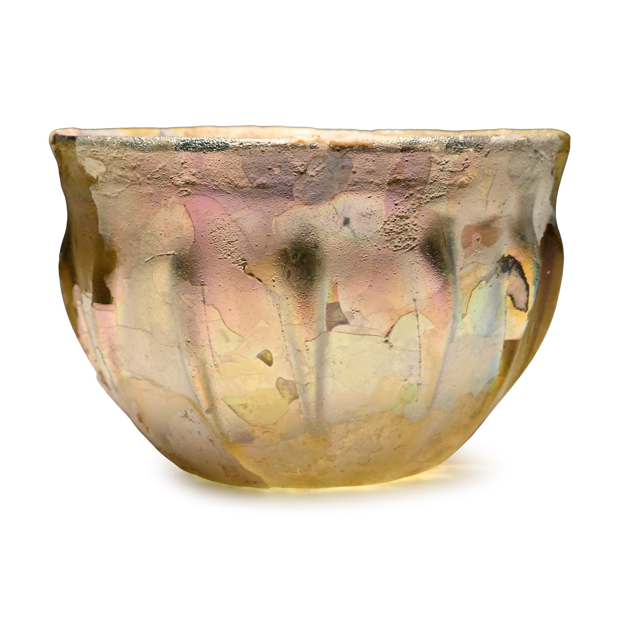 Roman Pillar-Moulded Honey-Coloured Glass Bowl with Fine Iridescence