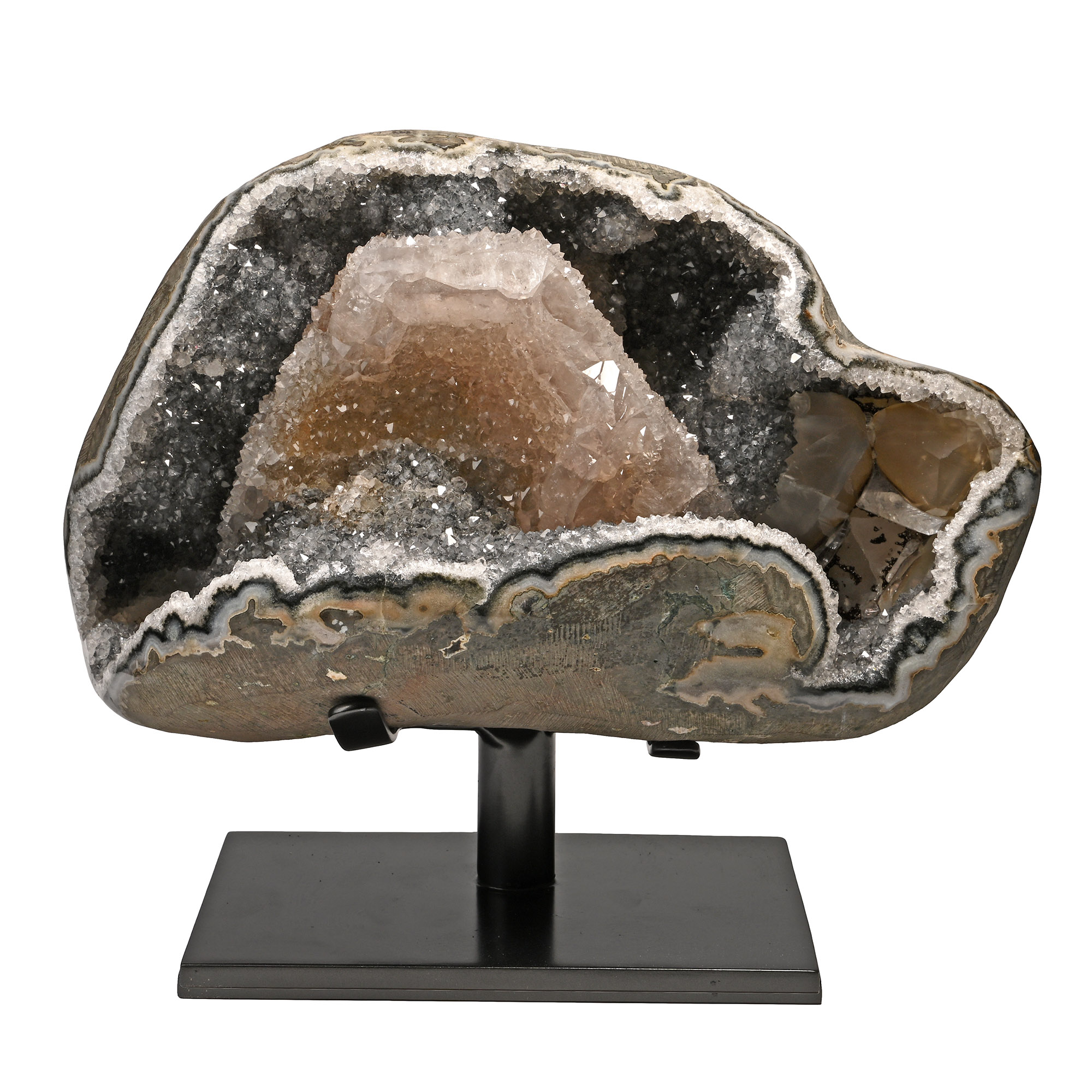 Half Geode with Grey Quartz and Calcite Crystals