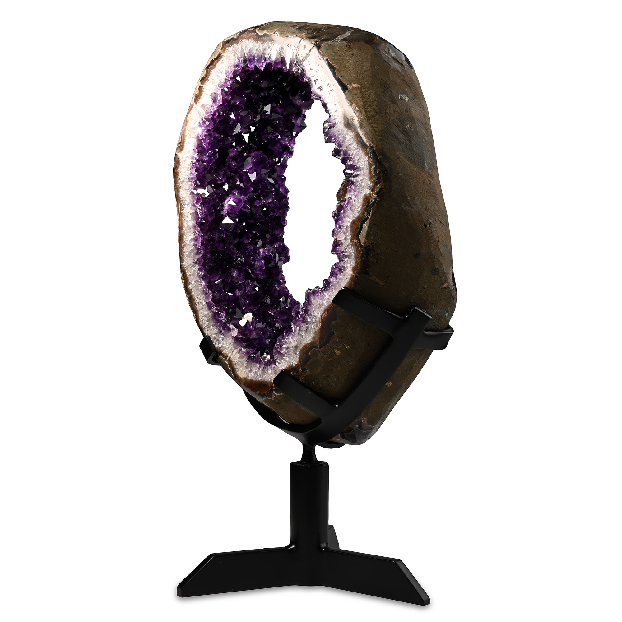 Amethyst Crystal Display with Flower-Shaped Calcite