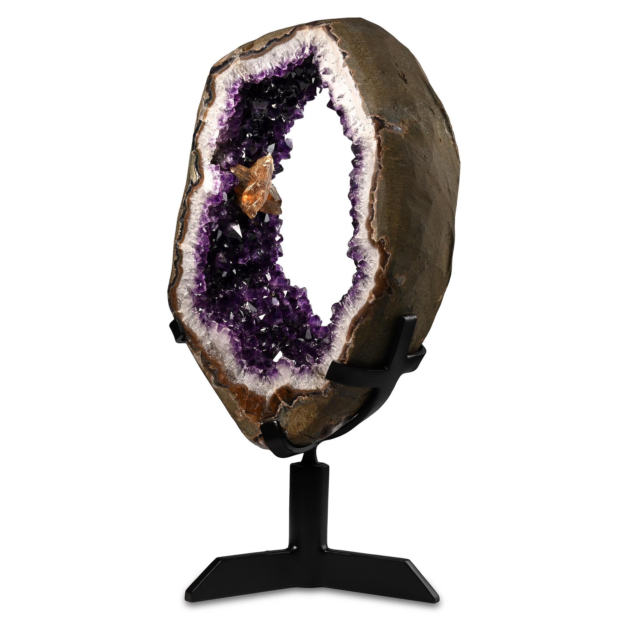 Amethyst Crystal Display with Flower-Shaped Calcite