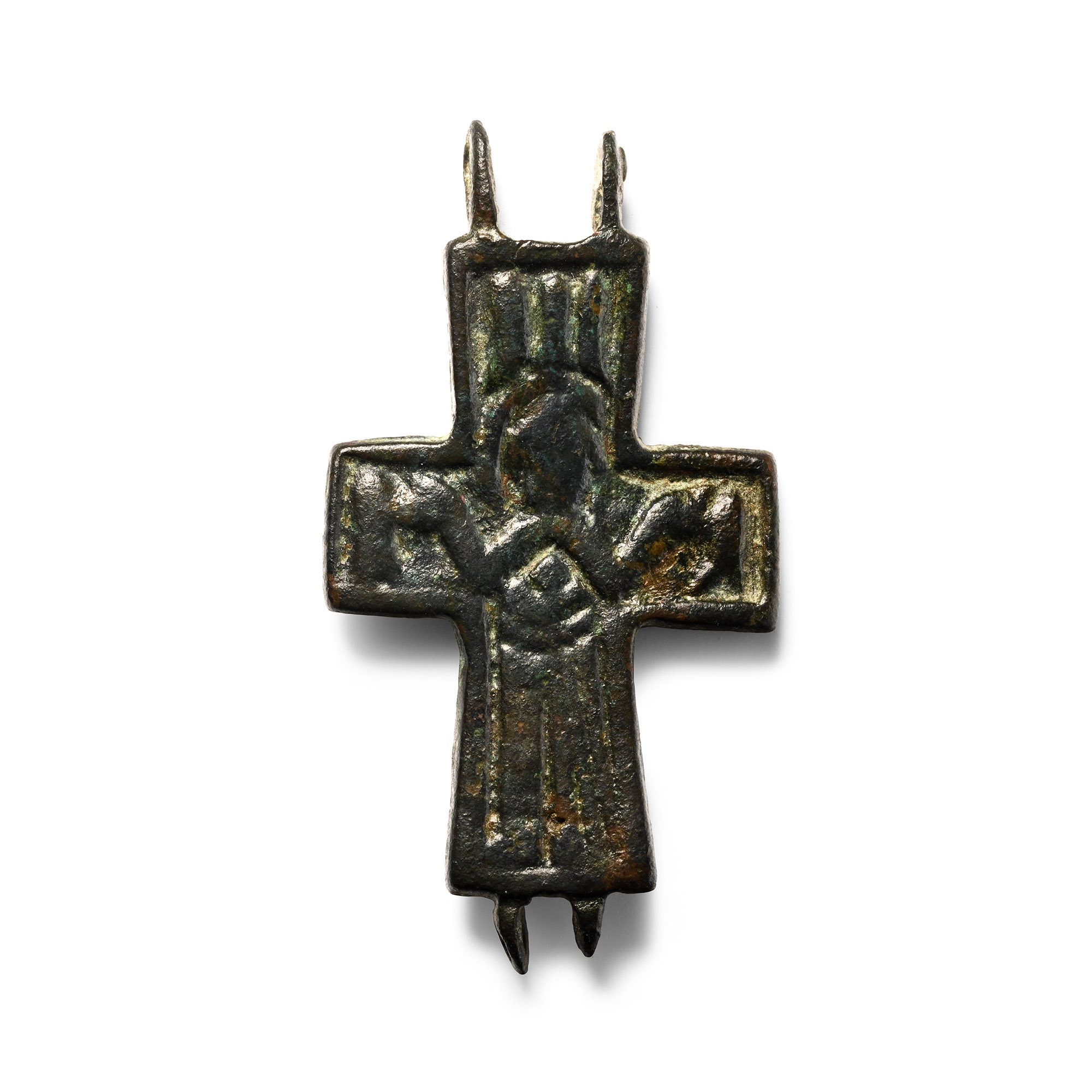 Byzantine Bronze Reliquary Cross Pendant Plate