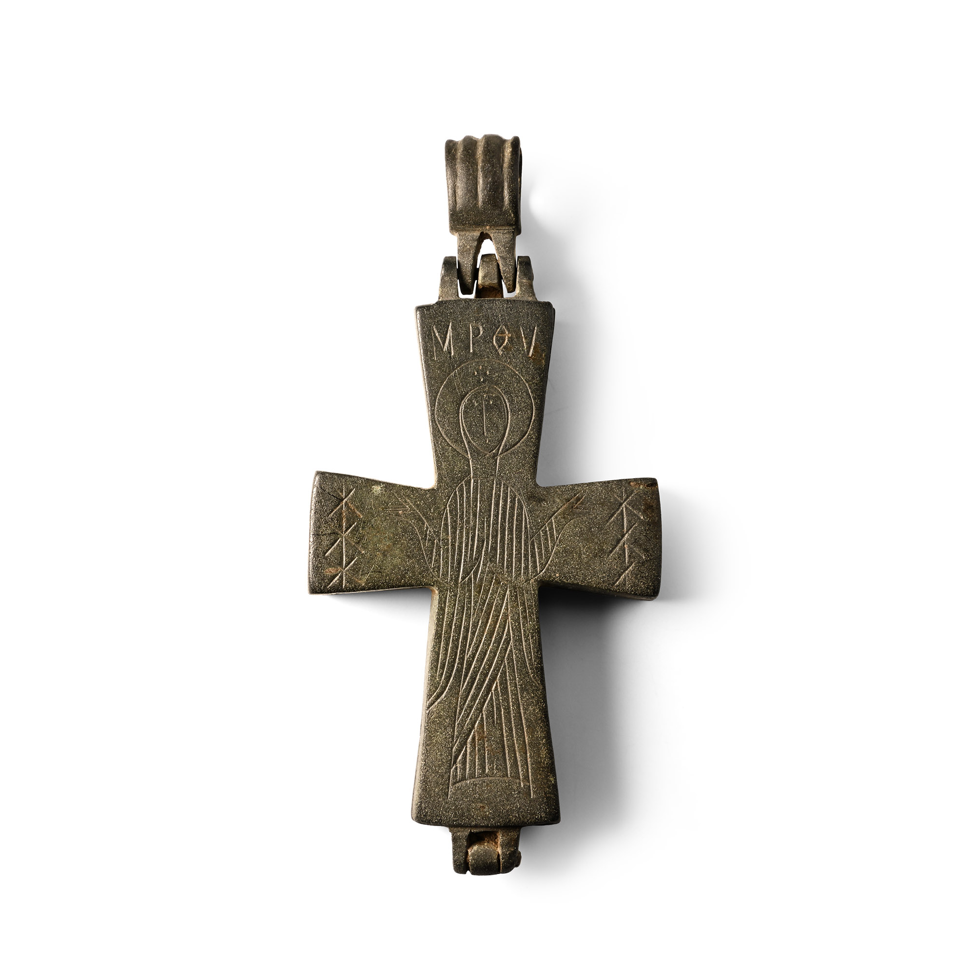 Byzantine Bronze Reliquary Cross Pendant