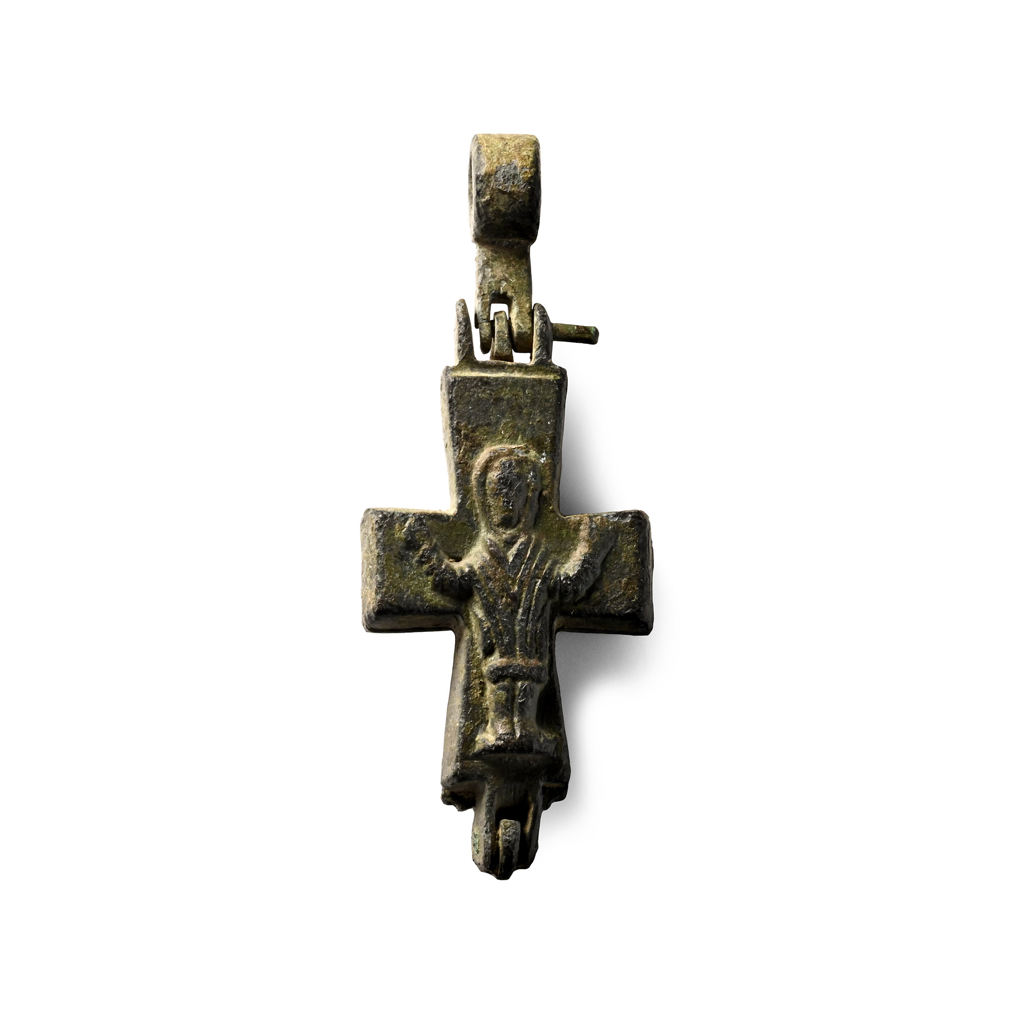 Byzantine Bronze Reliquary Cross Pendant