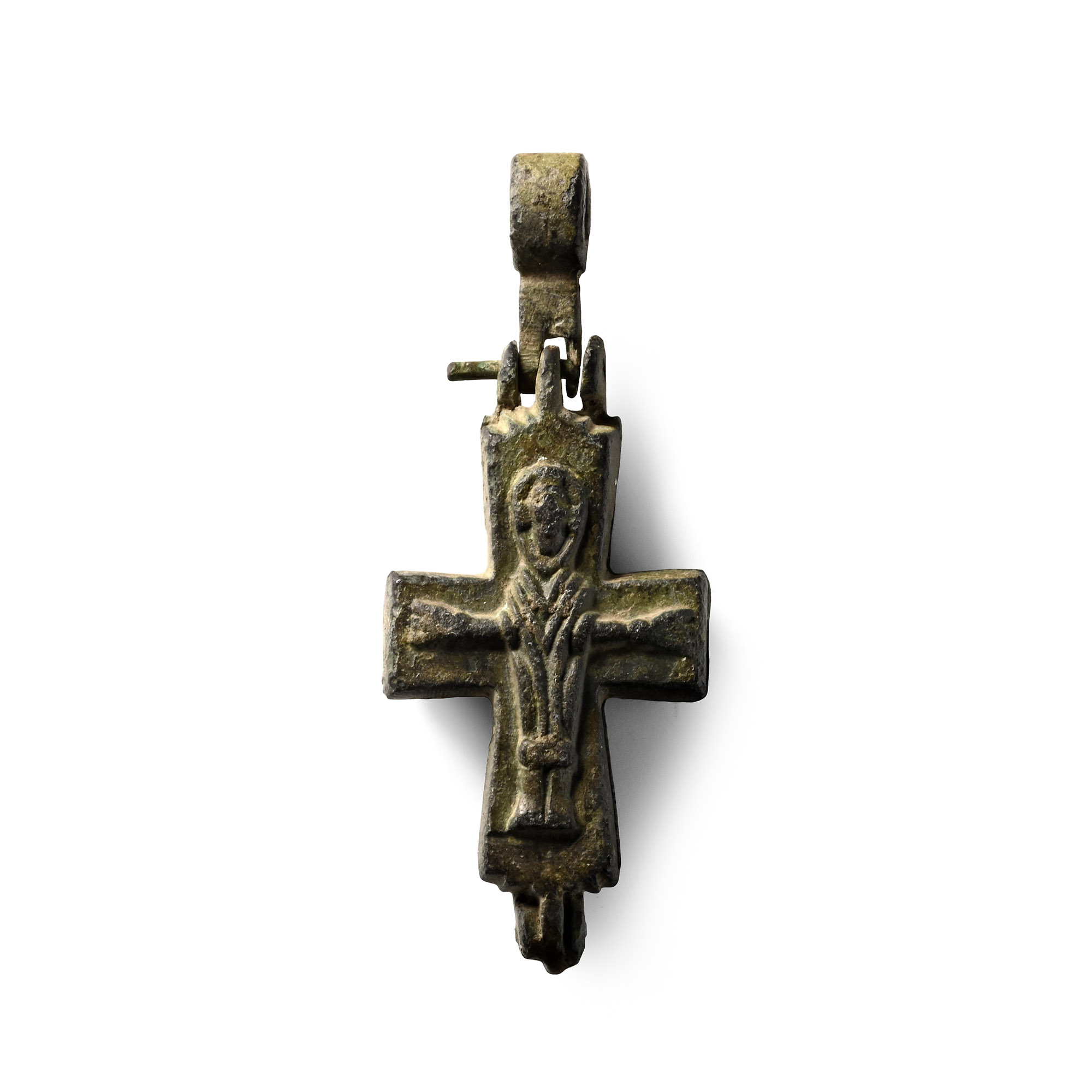 Byzantine Bronze Reliquary Cross Pendant