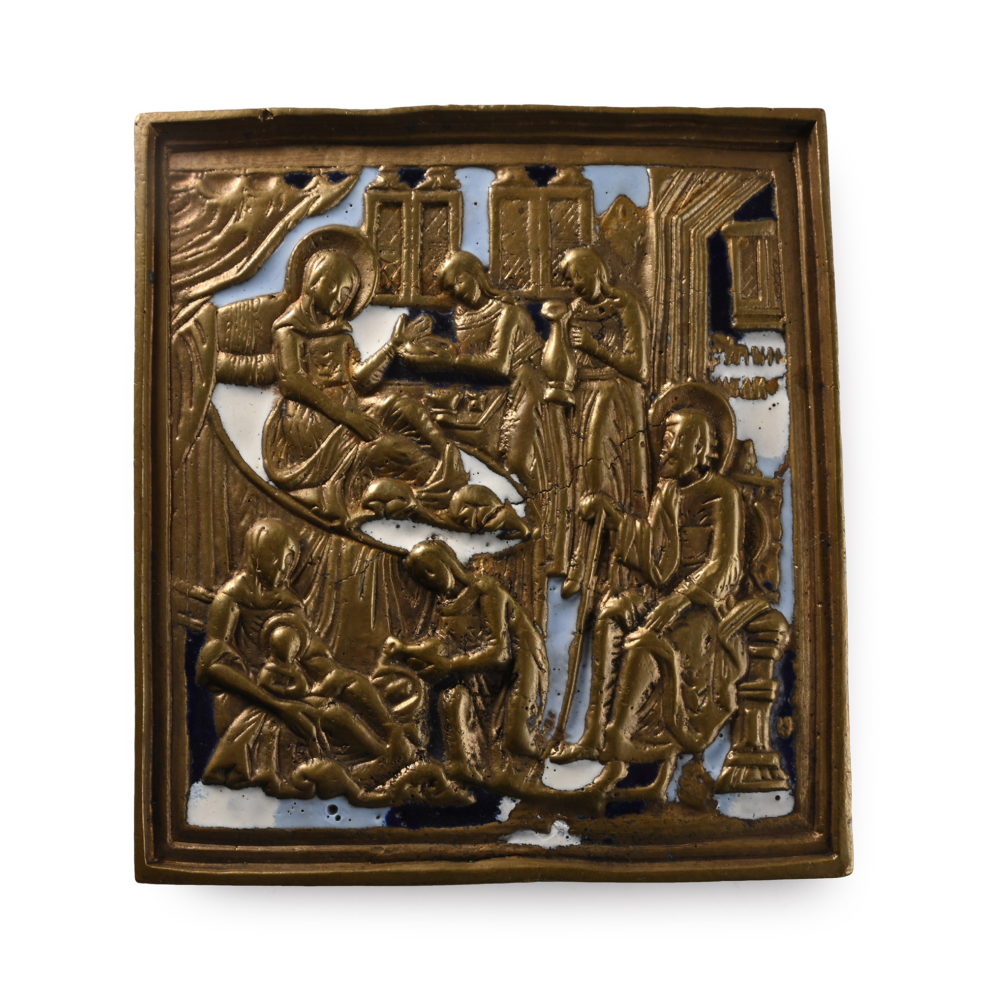 Russian Orthodox Enamelled Bronze Travel Icon with the Birth of the Virgin