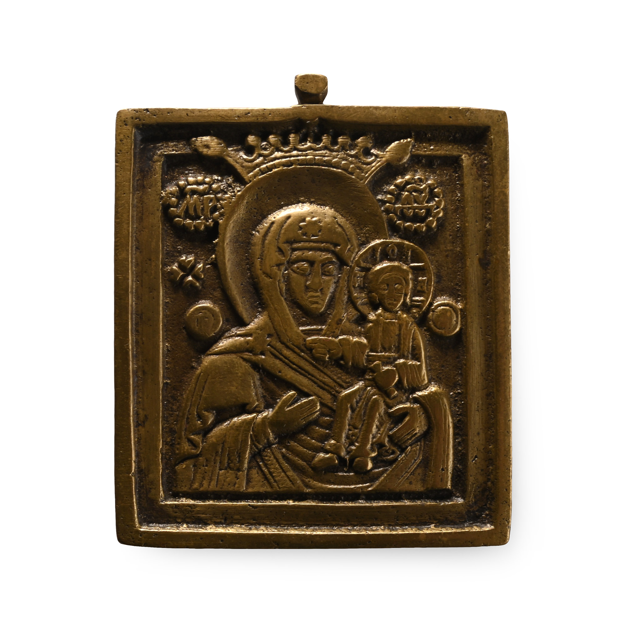 Russian Orthodox Bronze Travel Icon with Kazan Virgin and Child