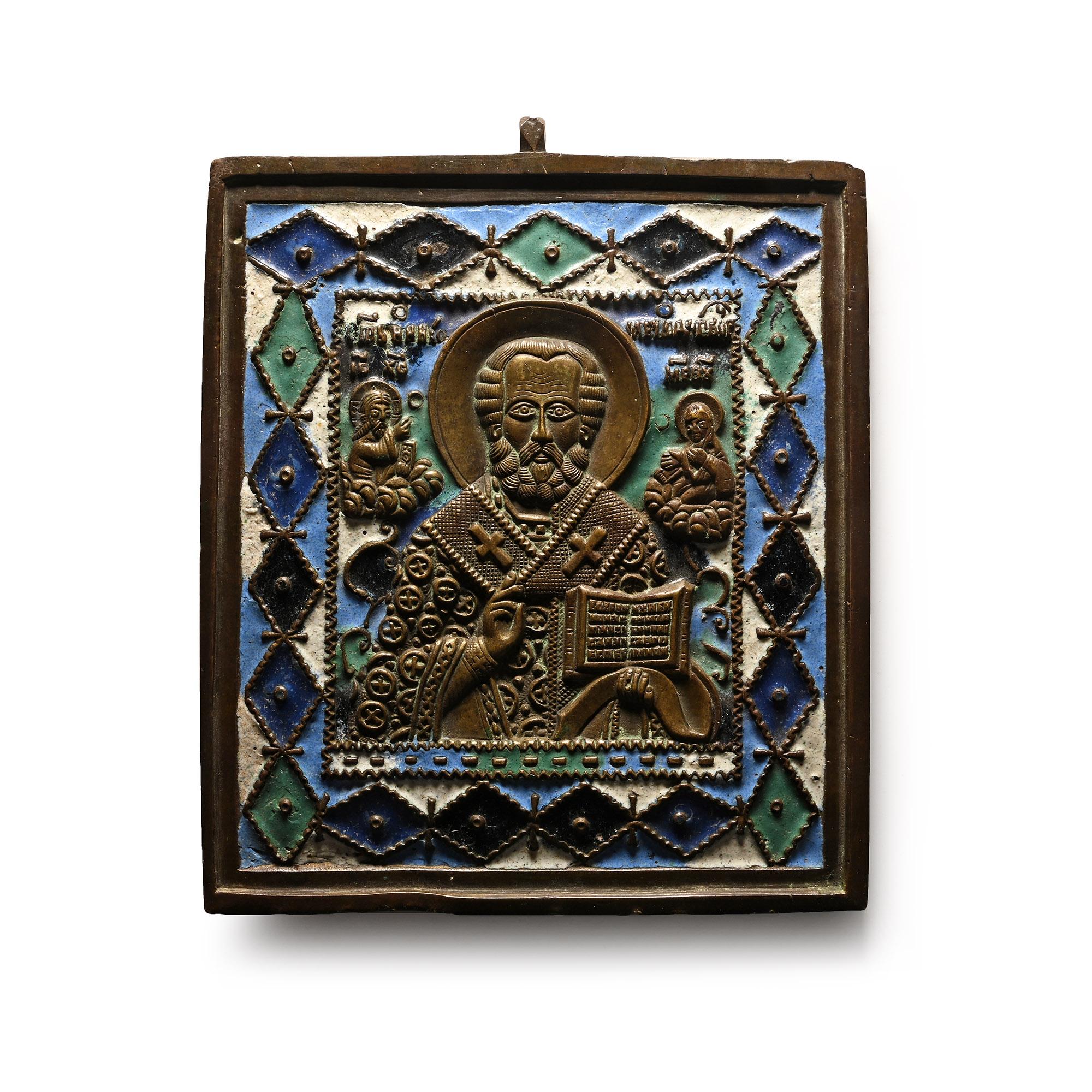 Russian Orthodox Enamelled Bronze Travel Icon with Saint Nicholas