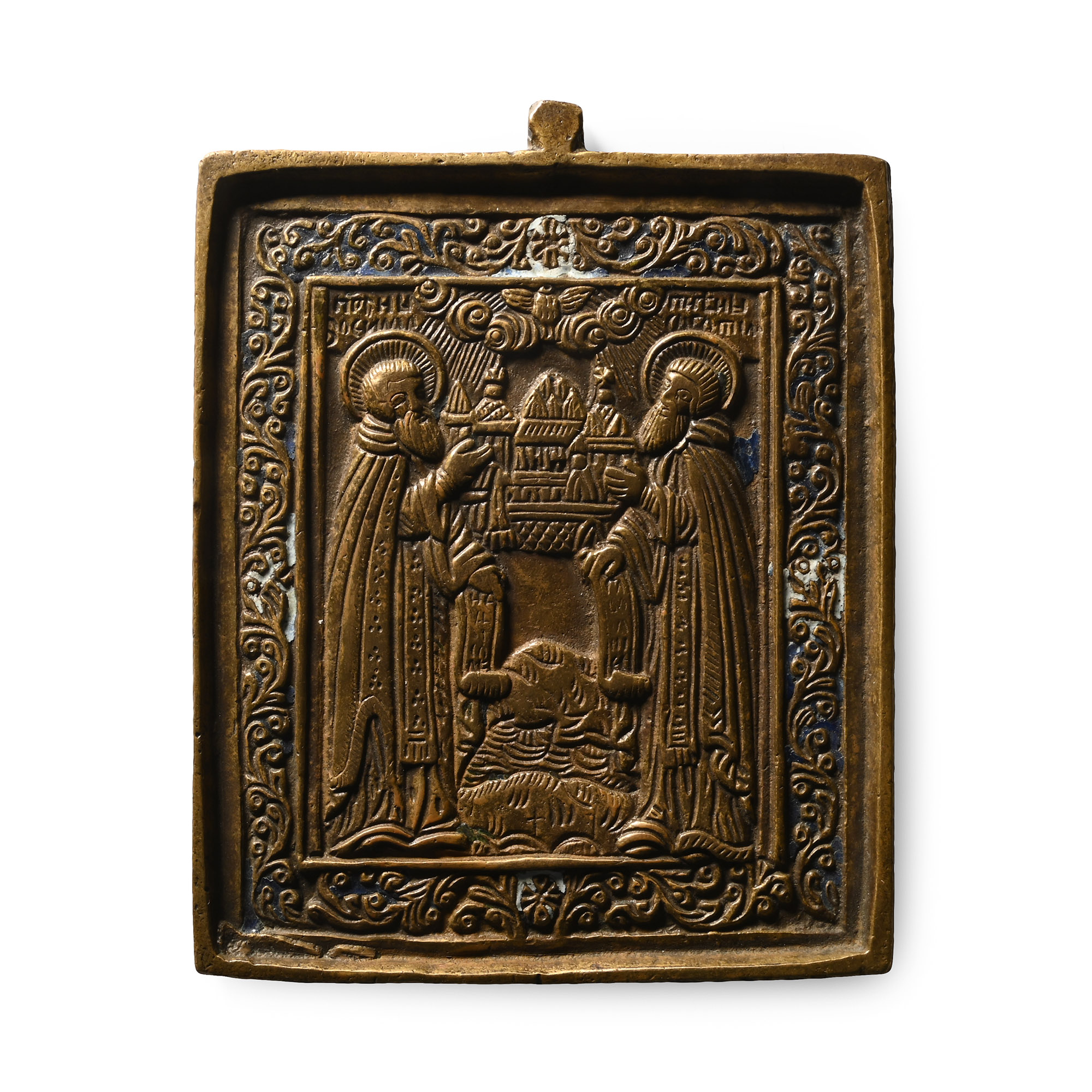 Russian Orthodox Enamelled Bronze Travel Icon with Saints Zosima and Sabbas