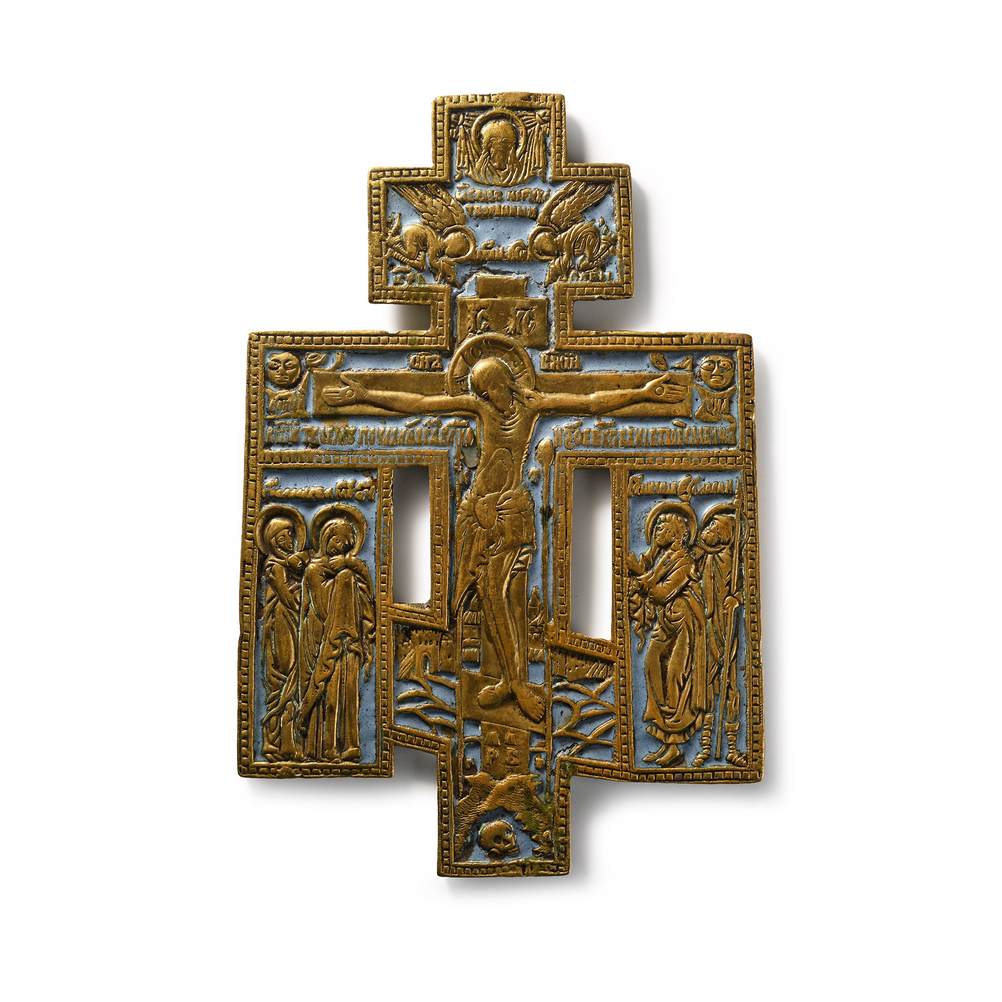 Russian Orthodox Enamelled Bronze Travel Icon with Christ Flanked by Mary, Maria, and Saint John