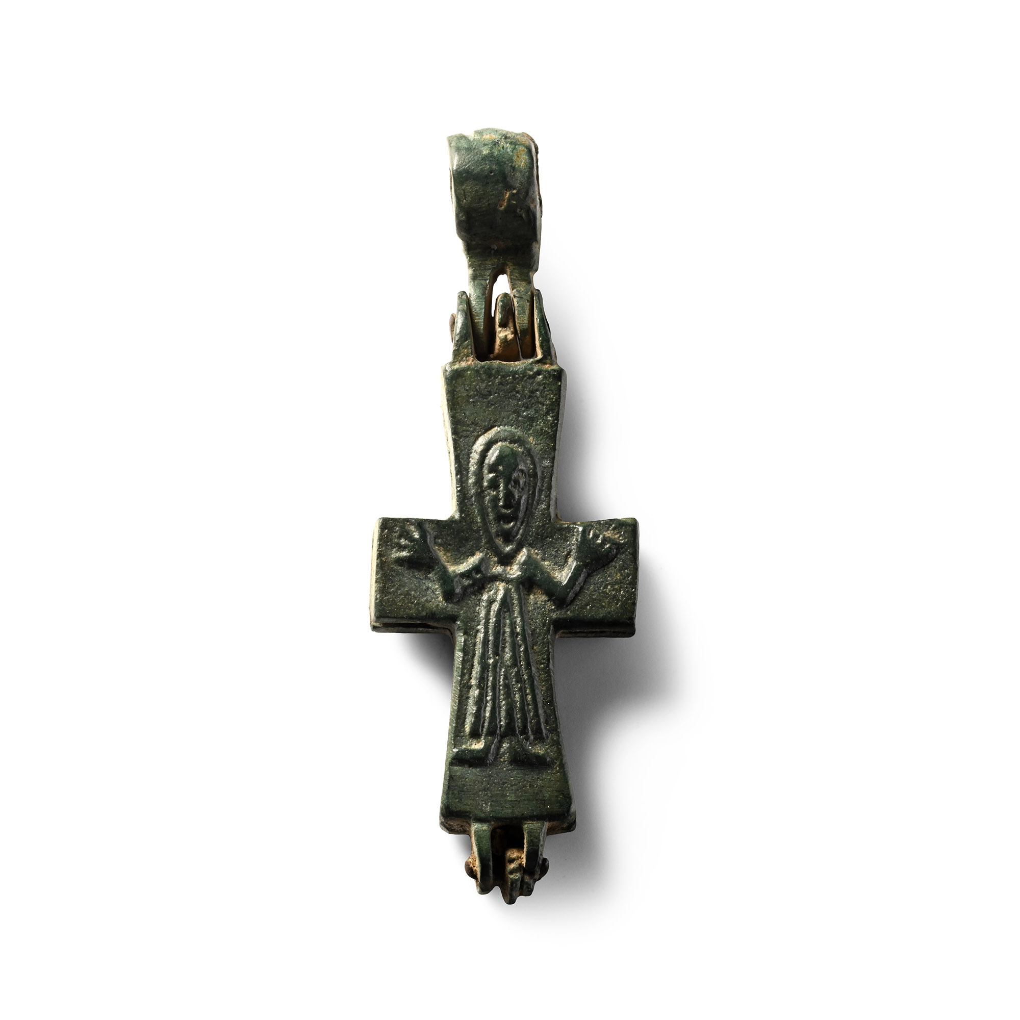 Byzantine Bronze Reliquary Cross Pendant