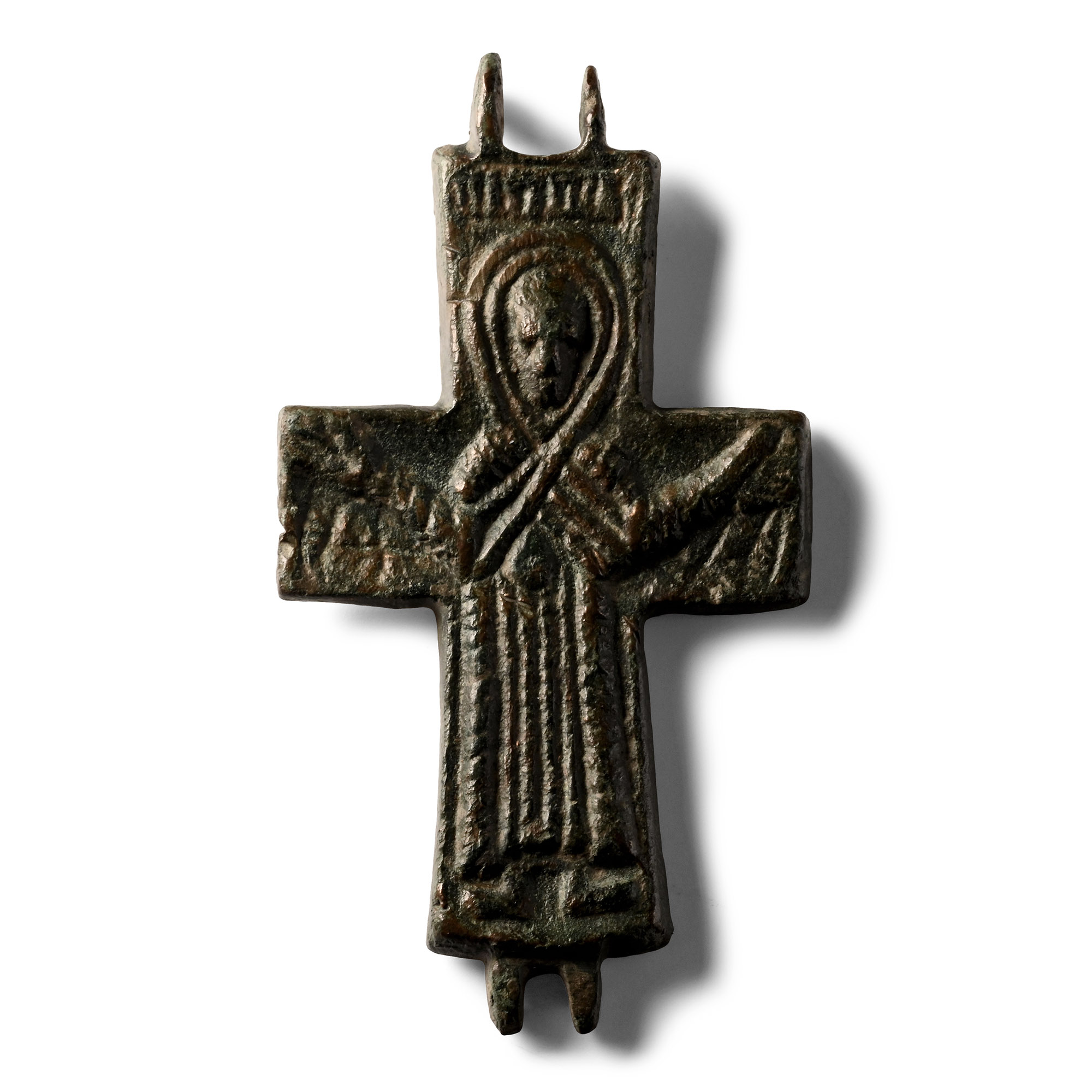 Byzantine Bronze Reliquary Cross Pendant Plate