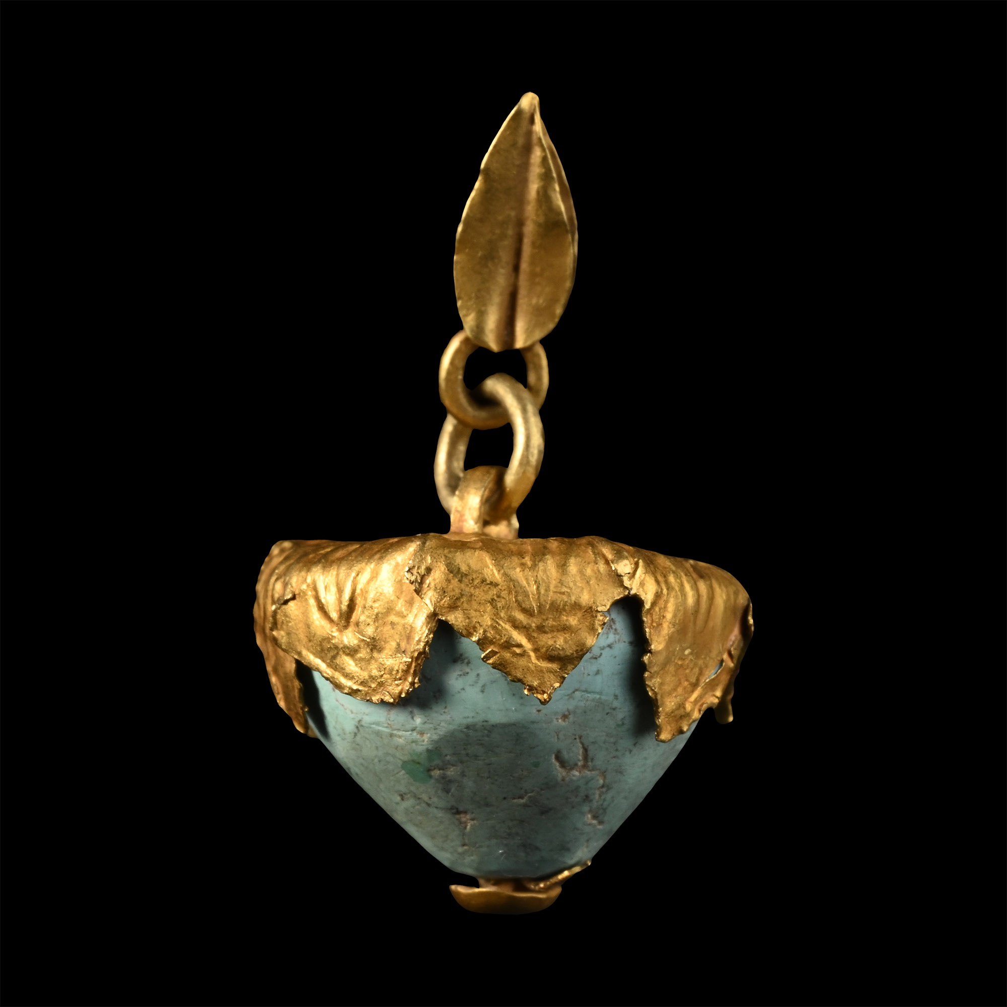 Large Western Asiatic Gold Framed Turquoise Bead