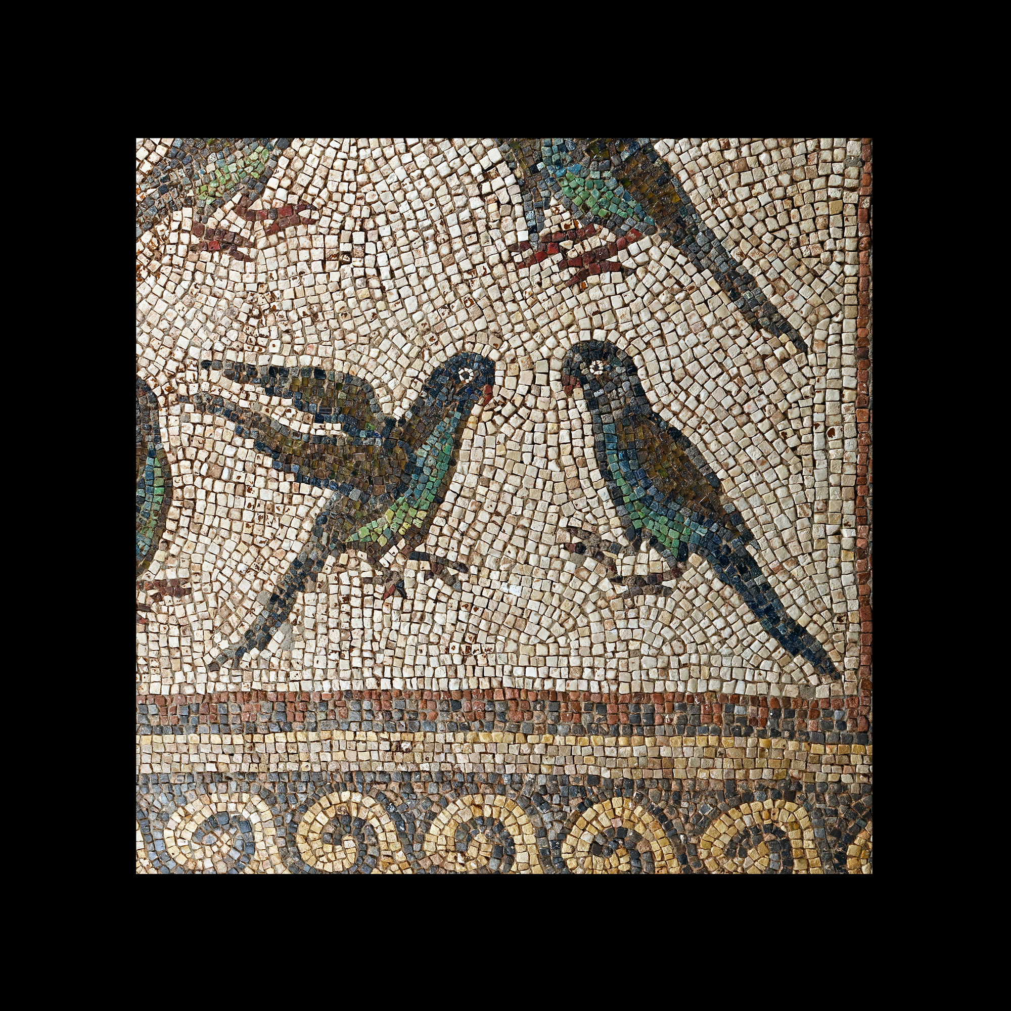 Large Late Roman Mosaic with Inlaid Glass Birds