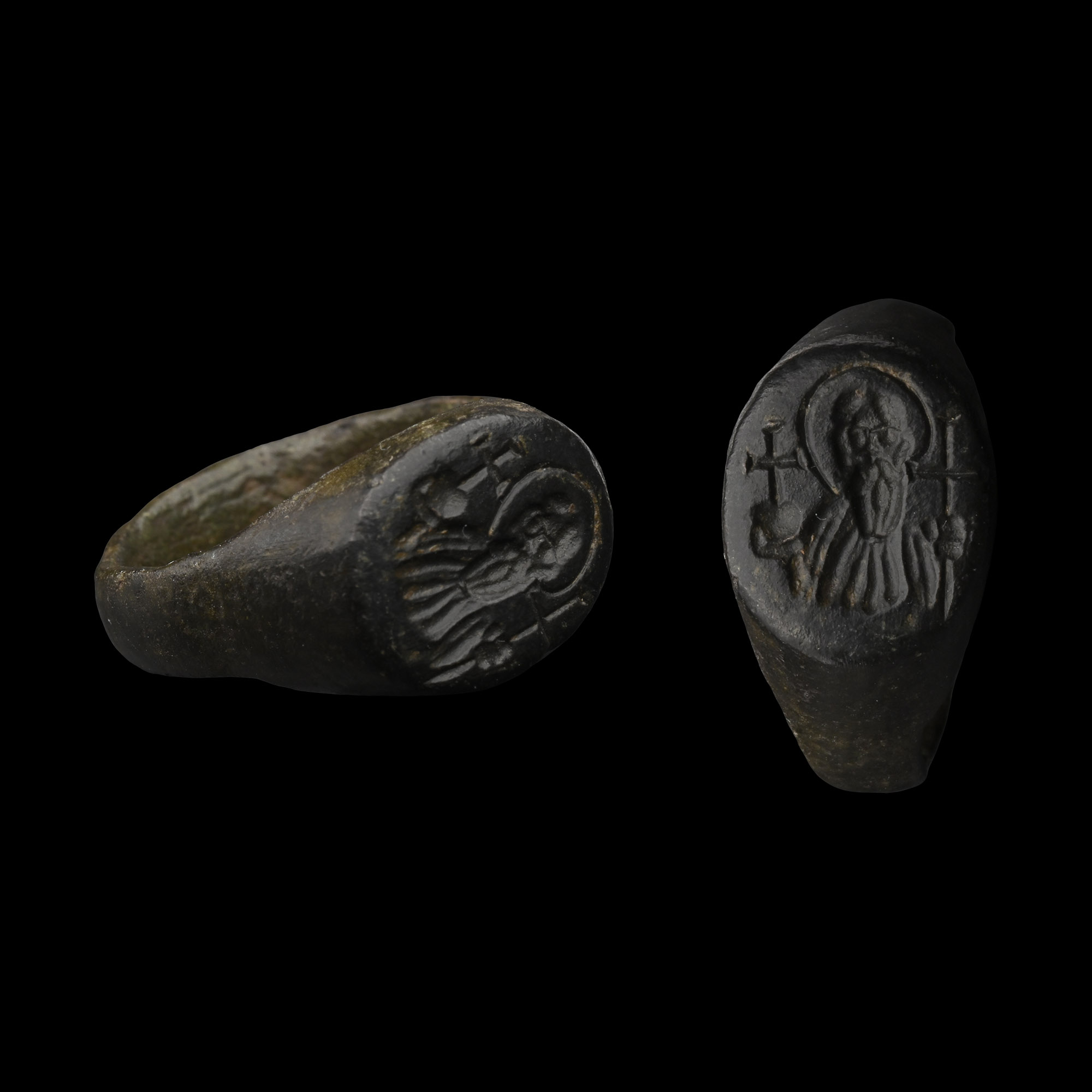 Byzantine Bronze Ring with Saint and Crosses