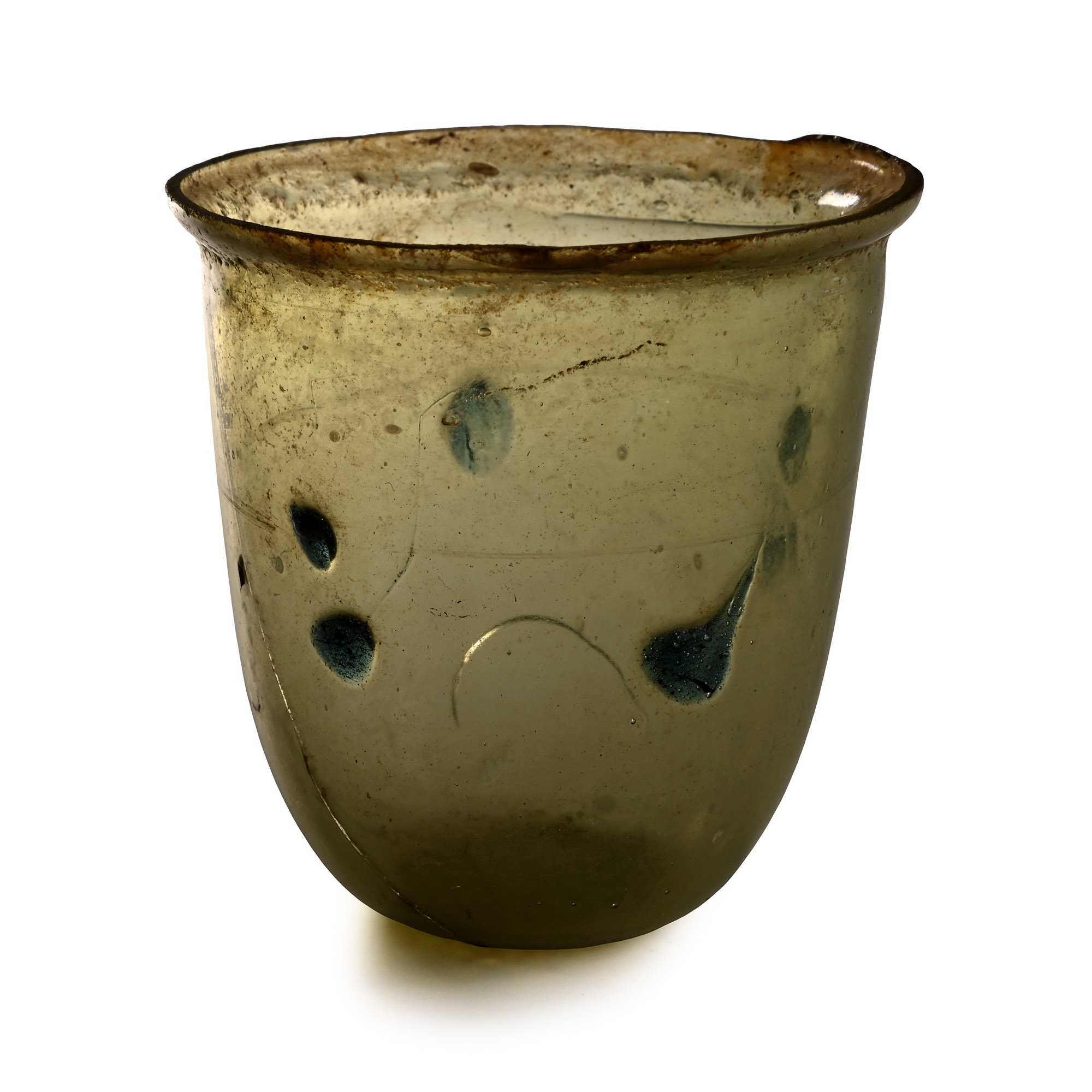 Roman Olive Green Glass Vessel with Blue Spot Decoration