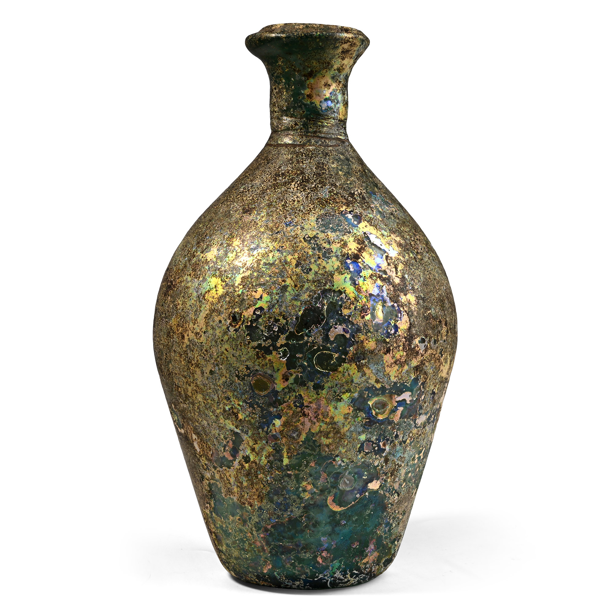 Large Eastern Roman Green Glass Bottle with Iridescence