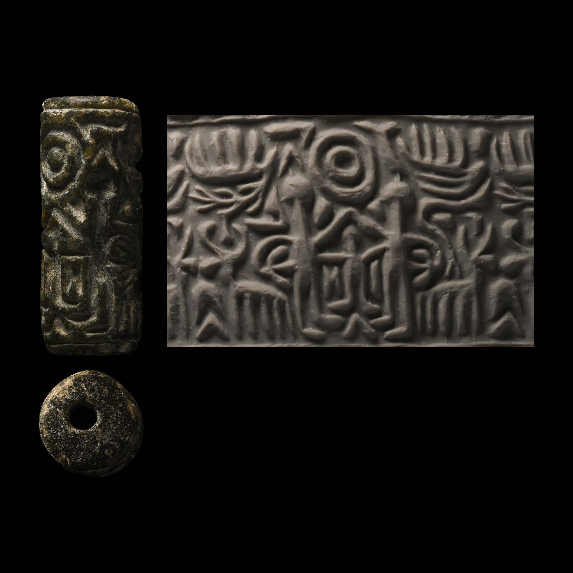 North-Syrian Green Stone Cylinder Seal with Standing Human-Like Figures