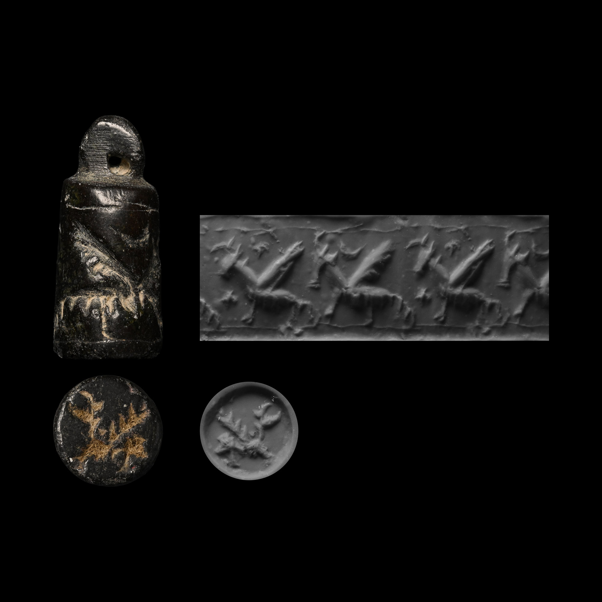 Urartu Black Stone Stamp-Cylinder Seal with Winged Quadruped