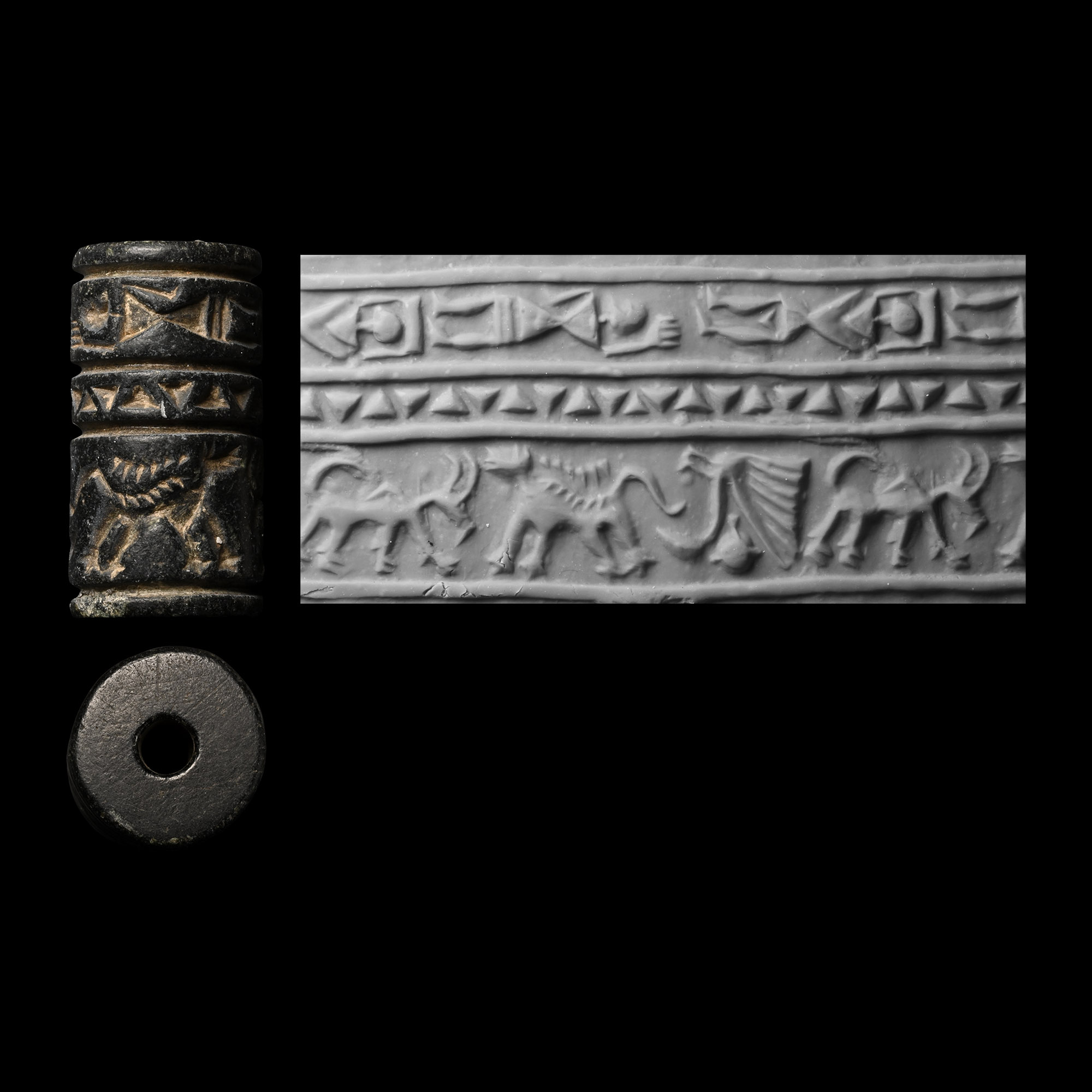 Syrian or Anatolian Black Stone Cylinder Seal with Human Figures