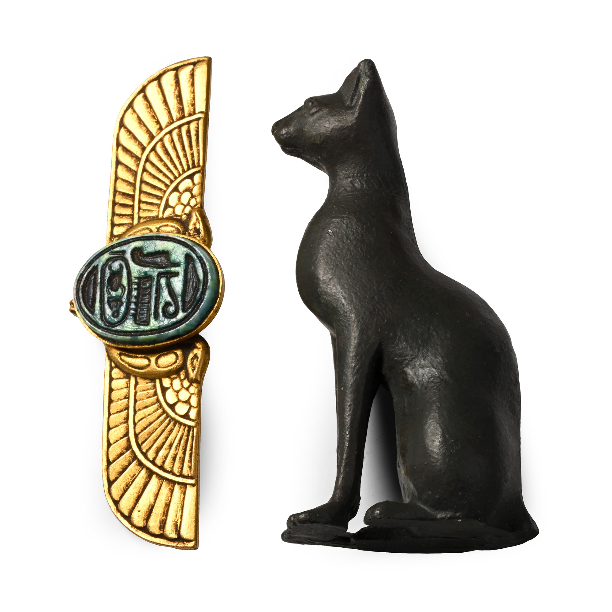 Egyptian Style Seated Bronze Cat and Gilt Brooch