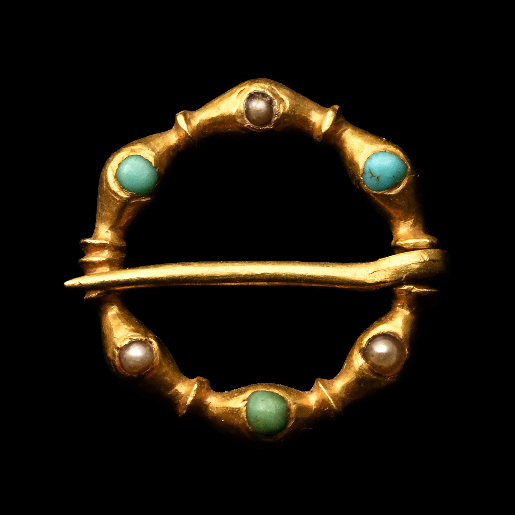 Medieval Gold Brooch with Turquoise and Pearls