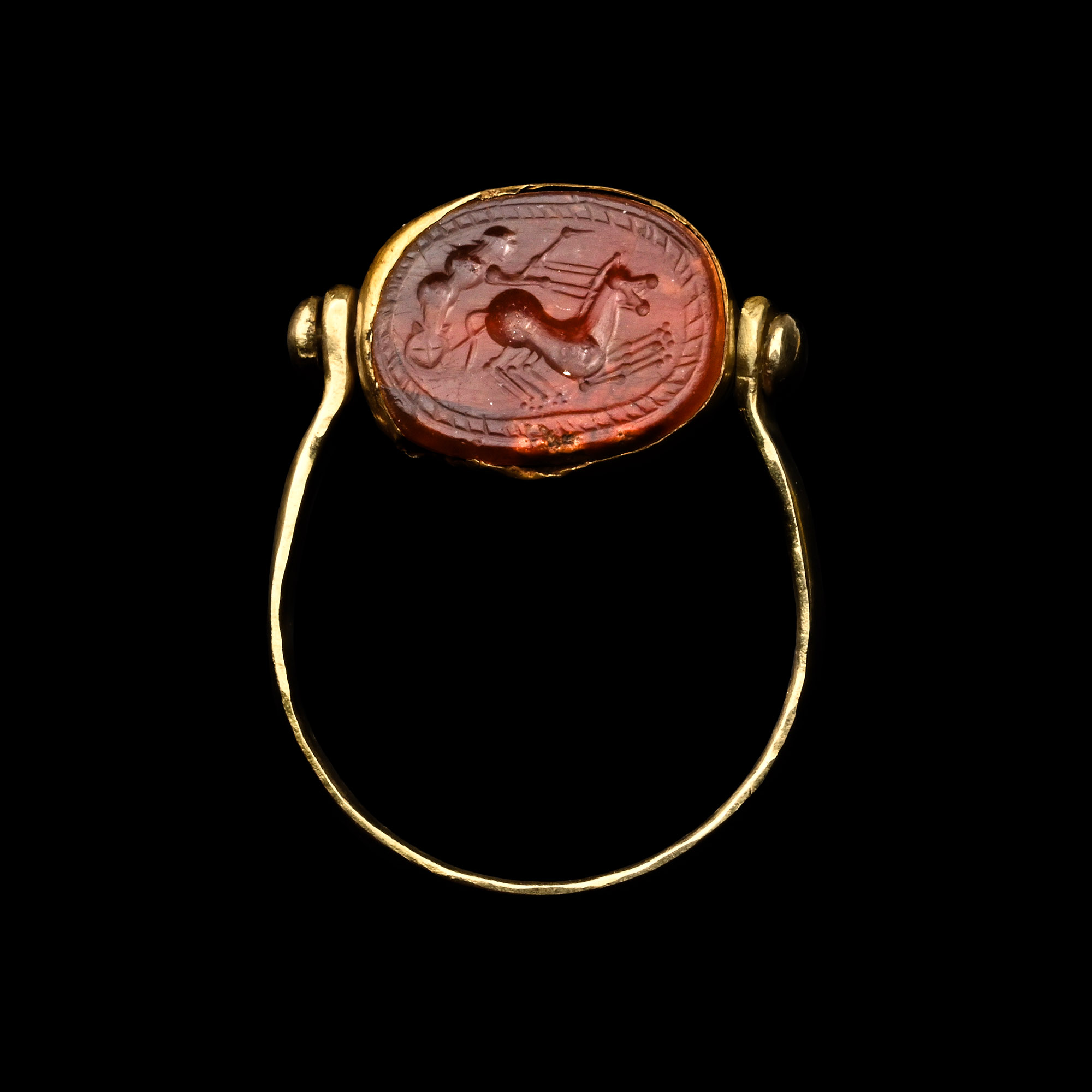 Etruscan Carnelian Scarab of a Charioteer in Gold Ring